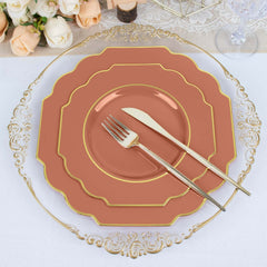 10-Pack Plastic Dinner Plates in Terracotta (Rust) Baroque Design with Scalloped Gold Rim - Heavy Duty Disposable Party Plates 11"