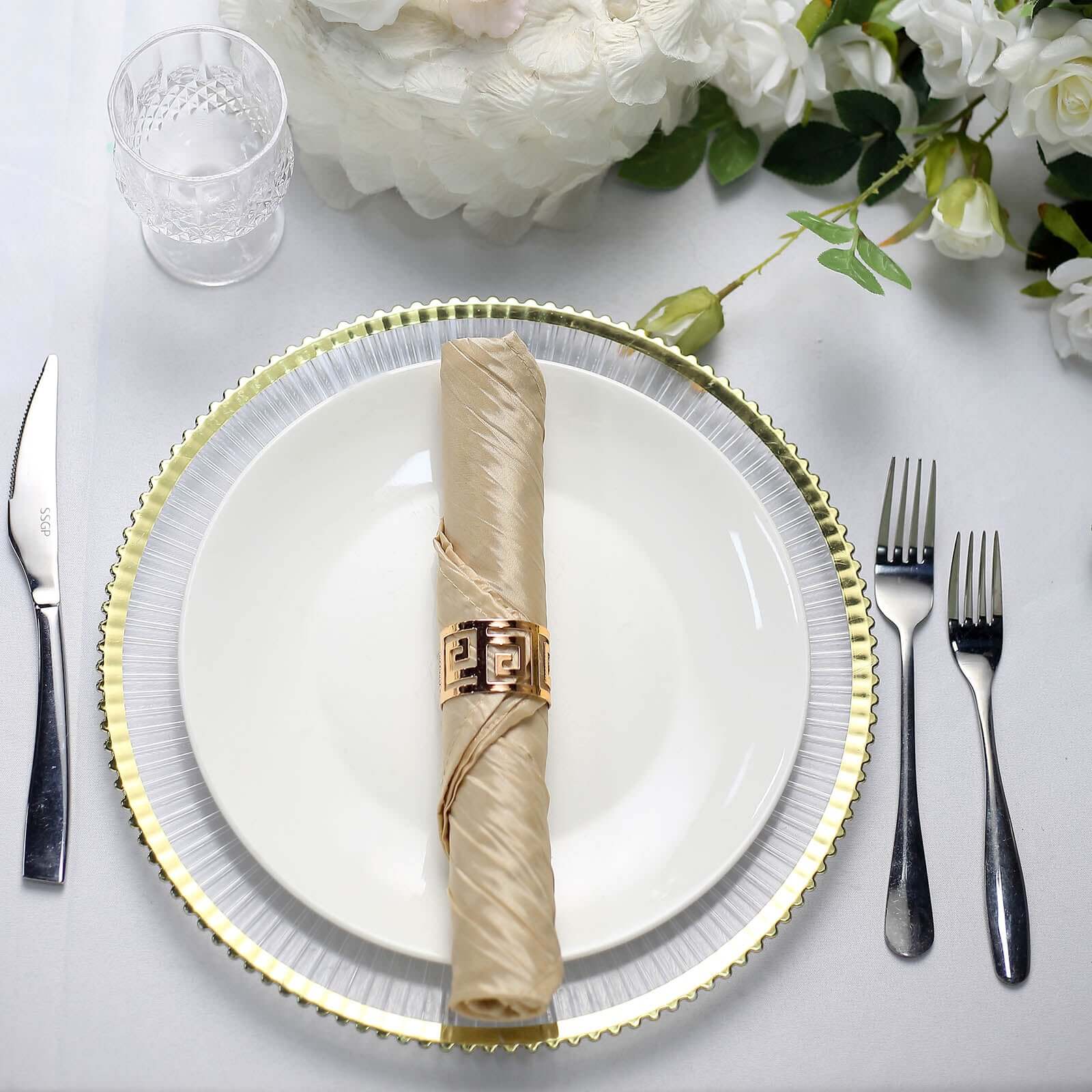 5 Pack Taffeta 20"x20" Napkins Beige - Accordion Crinkle Dinner Napkins