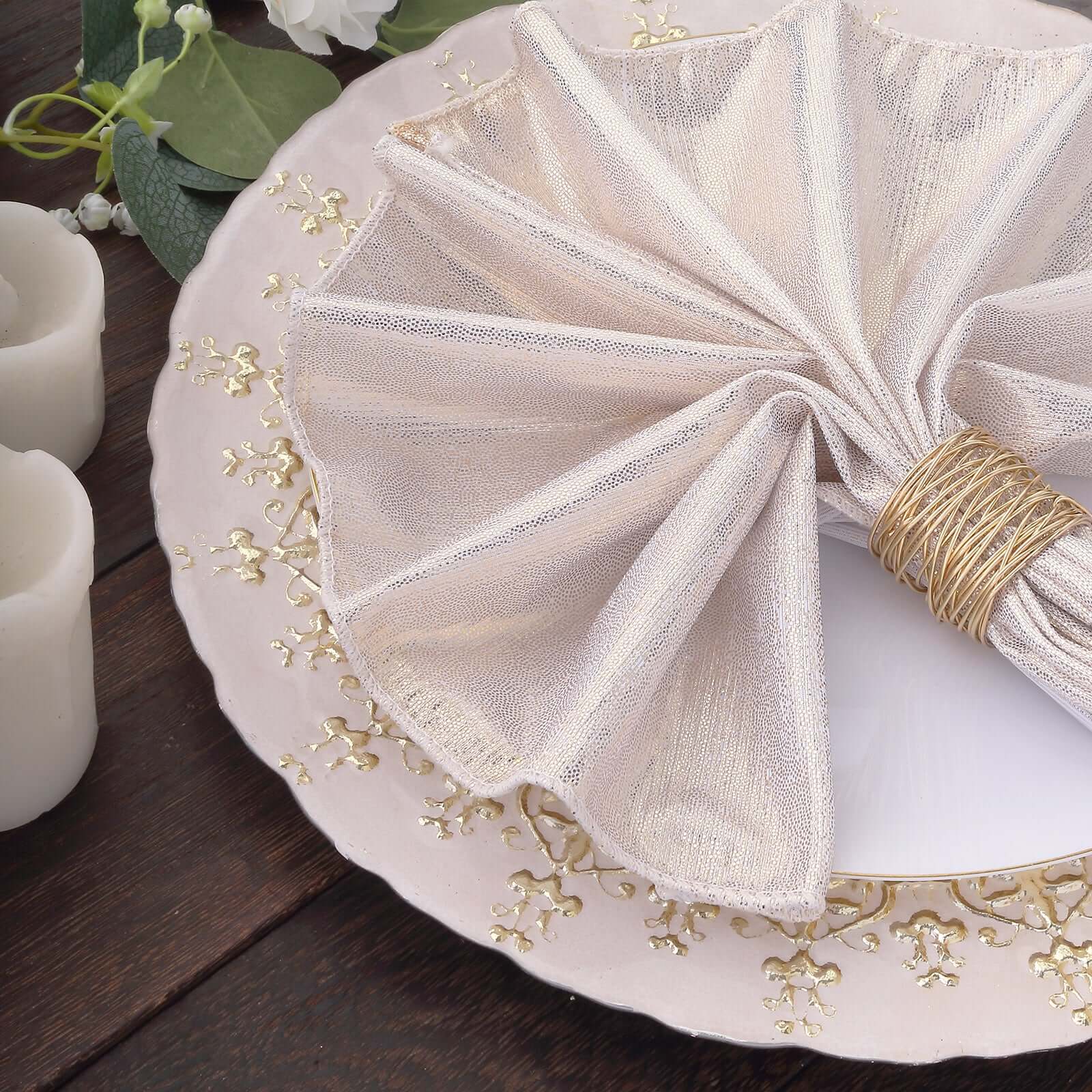 5 Pack Polyester 20"x20" Napkins Beige Shimmer Sequin Dots - Luminous Cloth Napkins