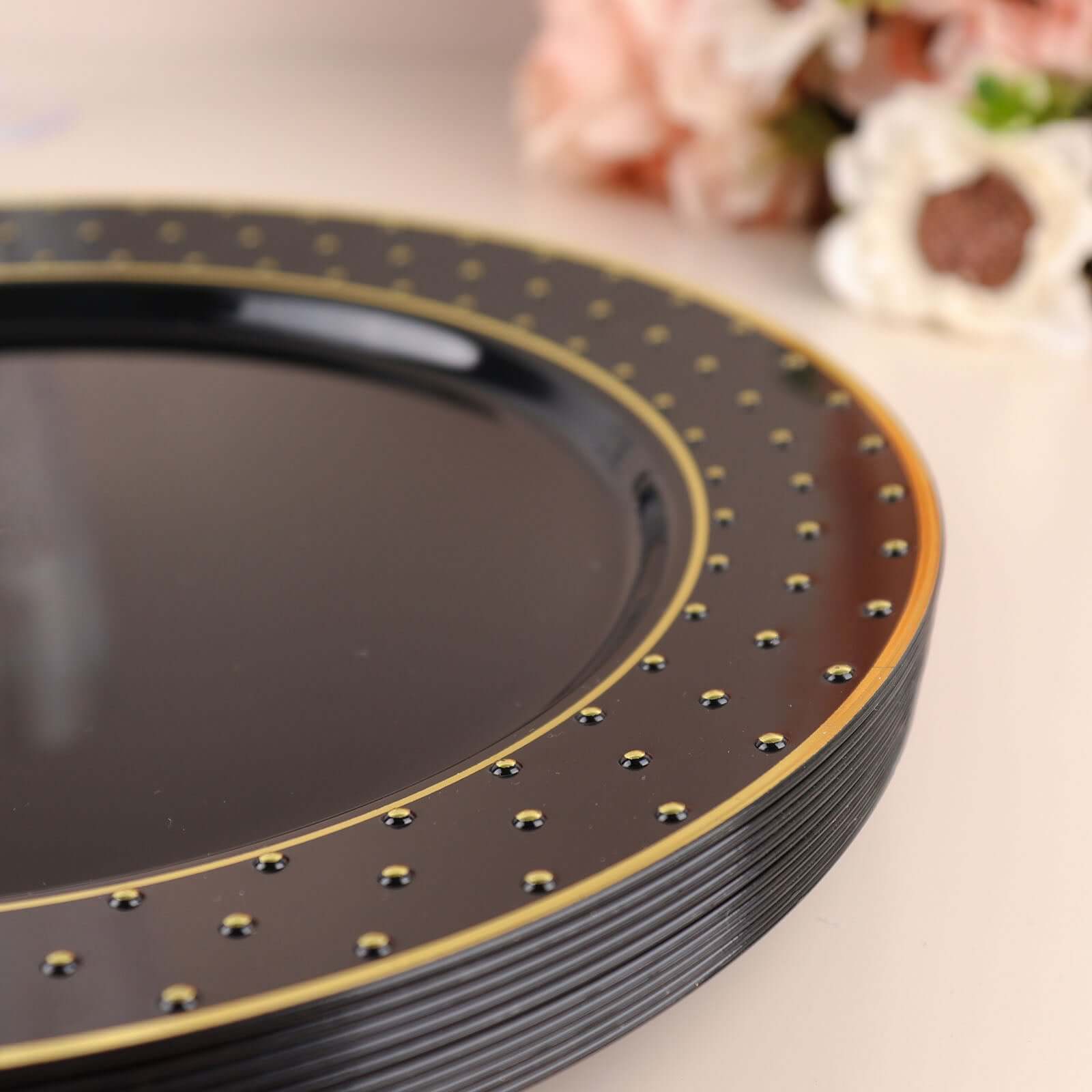 10-Pack Plastic 10" Round Dinner Plates in Black with Gold 3D Polka Dotted Rim - Sturdy Disposable Party Plates for Modern Themed Events & Banquets