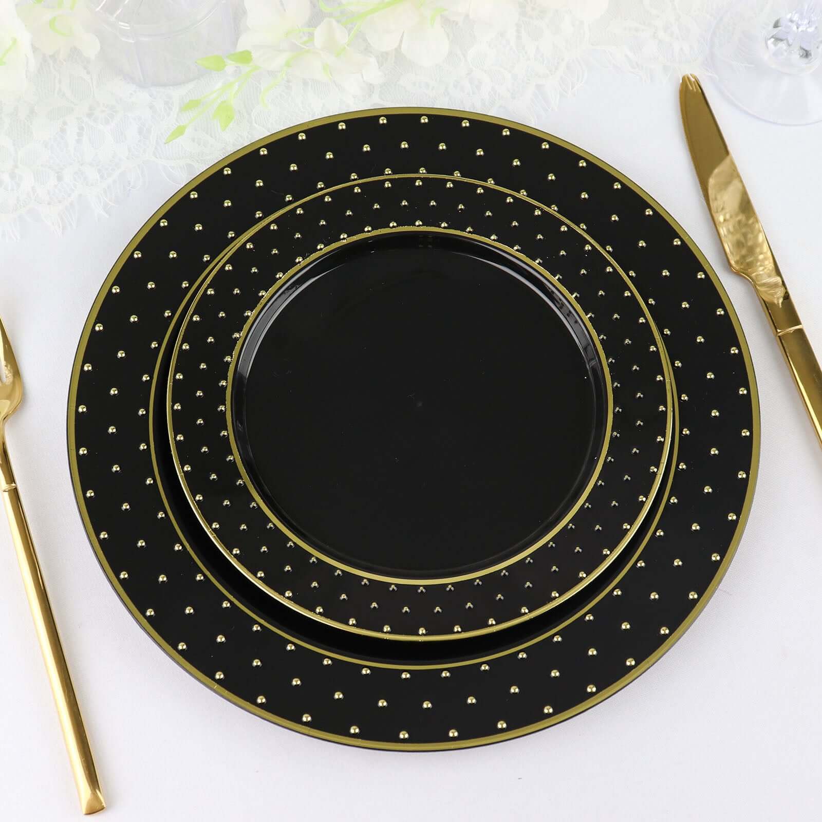 10-Pack Plastic 7.5" Round Dessert Plates in Black with Gold 3D Polka Dotted Rim - Durable Disposable Appetizer Salad Plates for Modern Themed Events & Banquets