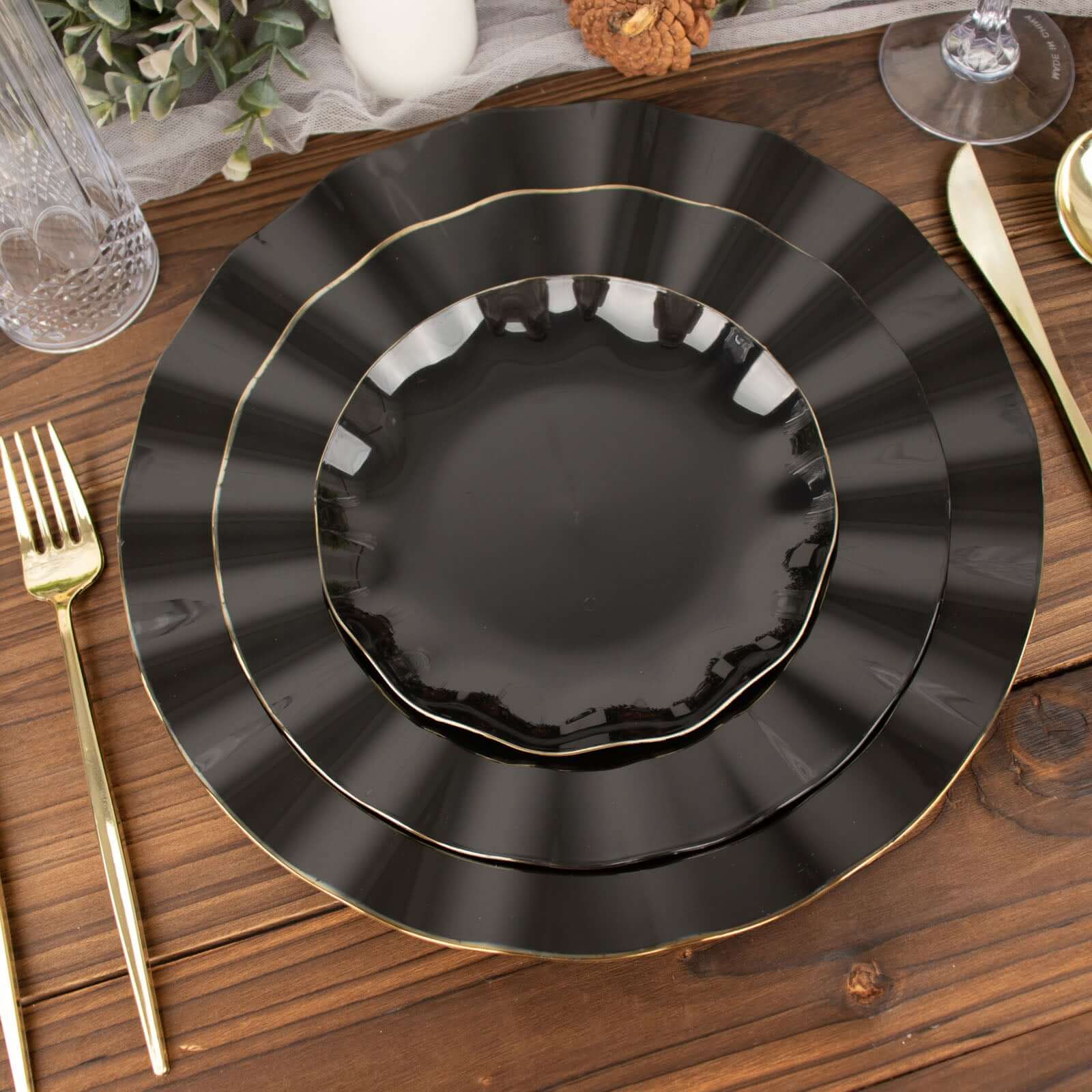 10-Pack Plastic Round 6" Dessert Plates in Black Ruffled Rim with Gold Edging - Sturdy Disposable Salad Appetizer Dinnerware