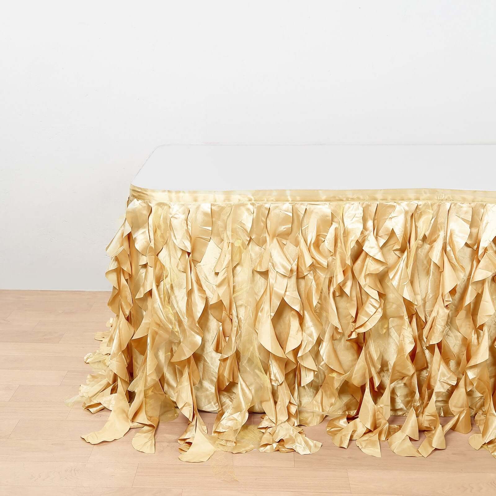 Taffeta 14ft Table Skirt Champagne - Cascading Curly Willow Style Table Cover