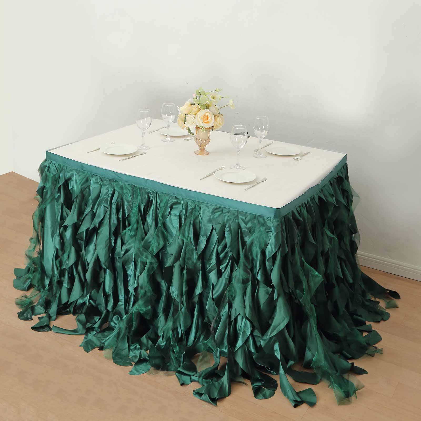 Taffeta 14ft Table Skirt Hunter Emerald Green - Cascading Curly Willow Style Table Cover