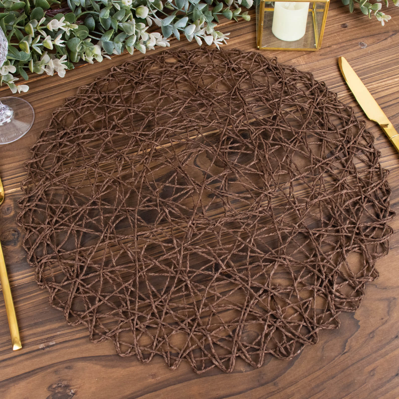 6-Pack Table Placemats Woven Fiber Design Dark Brown Round - Disposable Mats for Dining and Events 15"