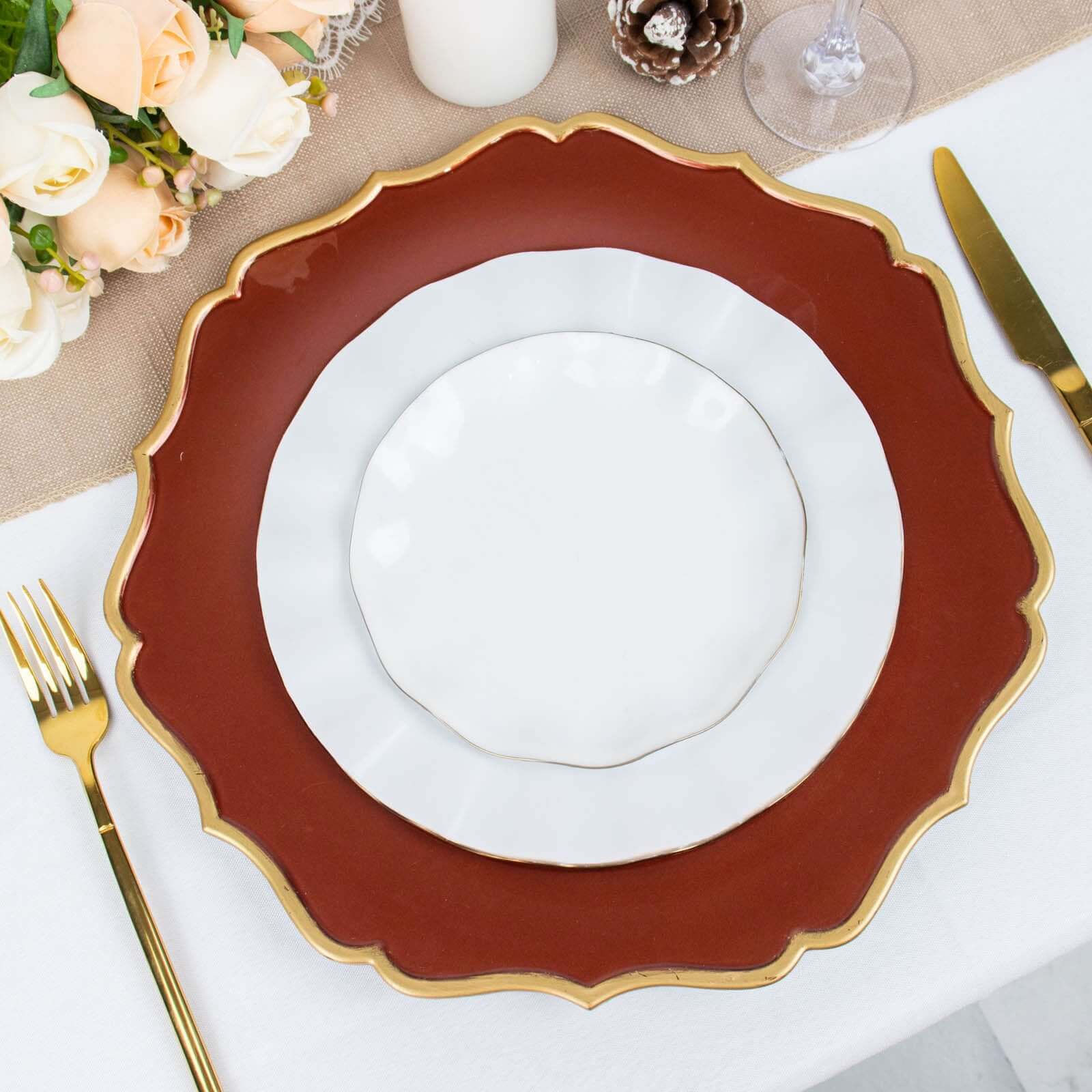 6-Pack Acrylic Round Charger Plates 13" in Terracotta (Rust) with Gold Scalloped Rim, Decorative Dinner Party Plastic Charger Tableware