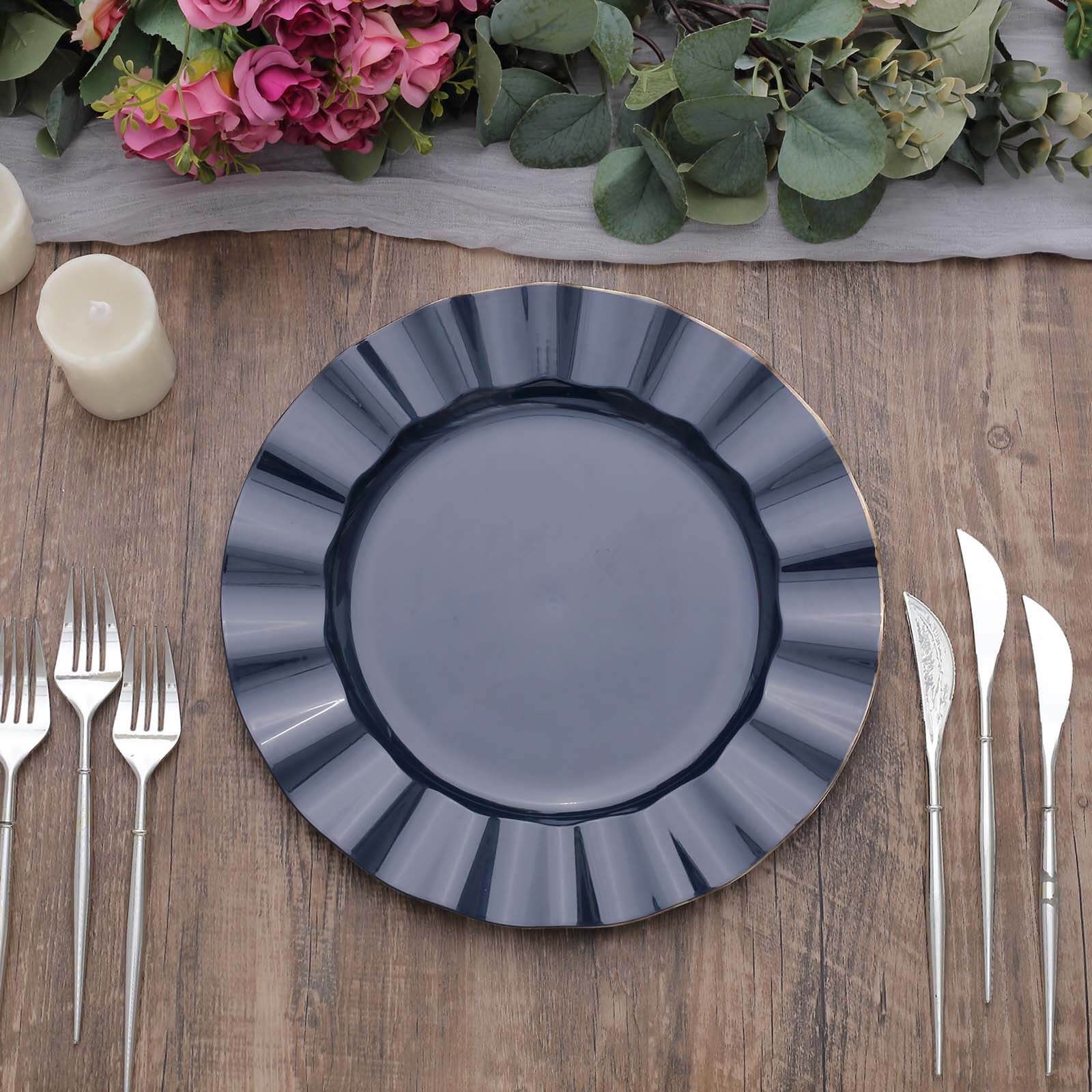10-Pack Plastic 11" Round Dinner Plates in Navy Blue Ruffled Rim with Gold Edging - Sturdy Disposable Dinnerware