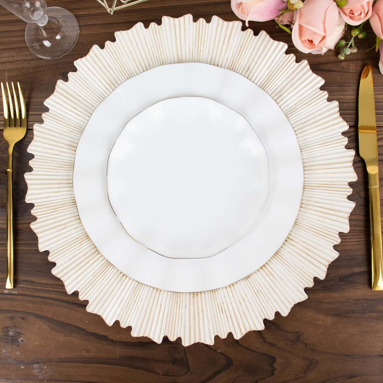 6-Pack Acrylic Plastic Round Charger Plates 13" in Antique White with Sunray Scalloped Rim, Decorative Dinner Party Charger Tableware