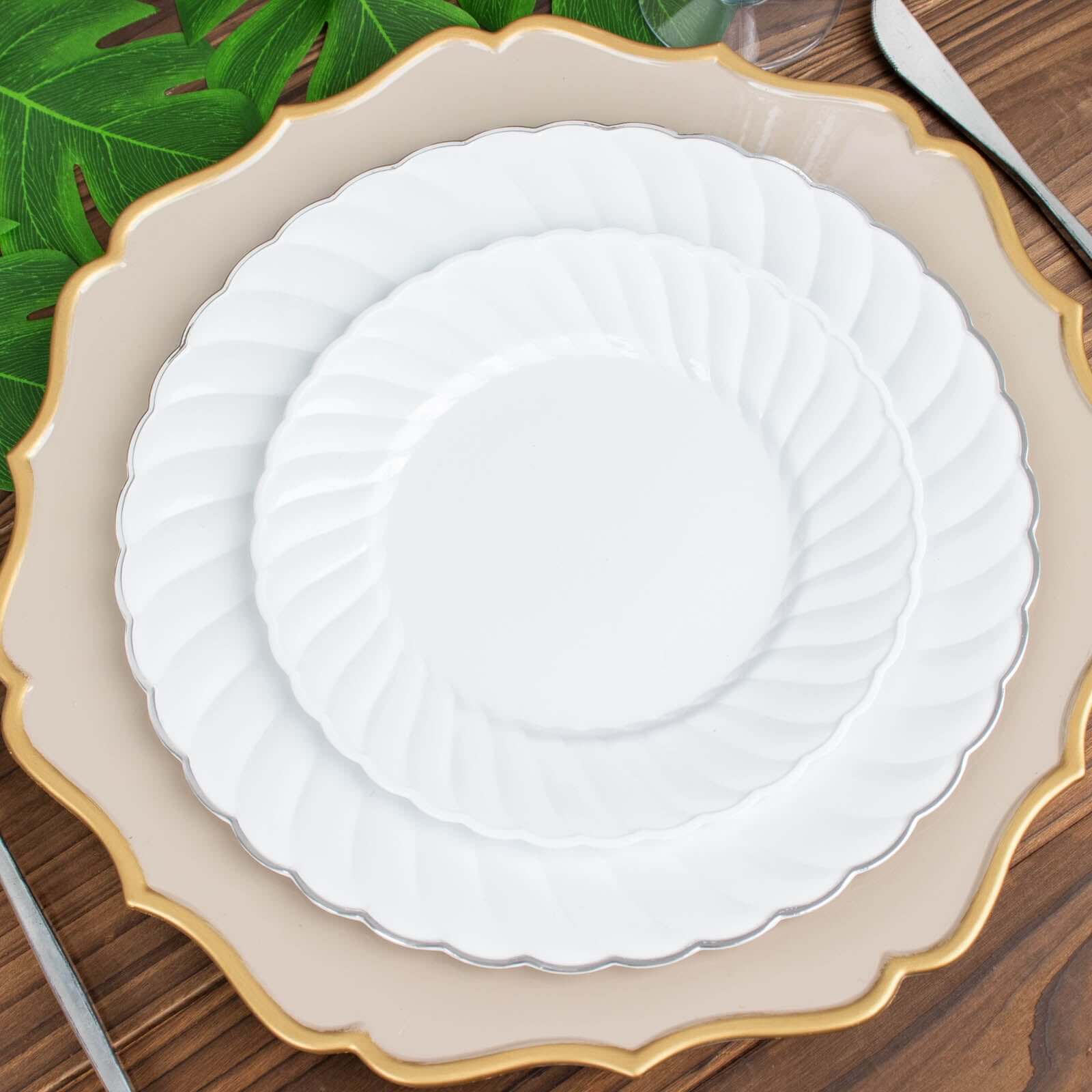 12-Pack Plastic Dessert Plates White Flair Rim - Sturdy Disposable Salad Plates 7.5"