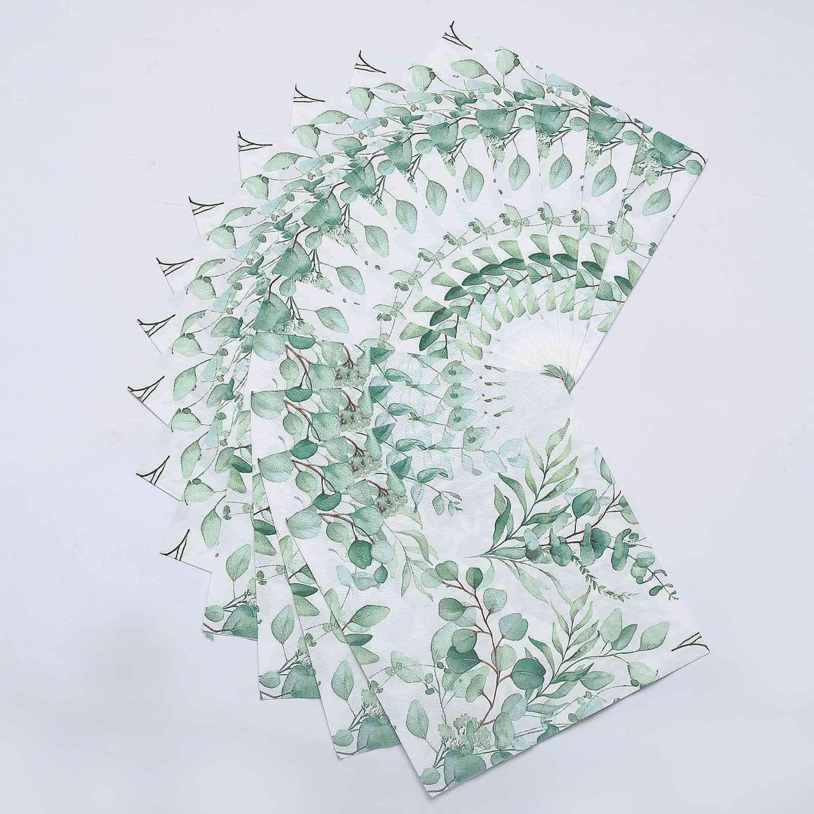 20-Pack Paper Beverage Napkins with Green Foliage Eucalyptus Leaves Design - 2 Ply Soft 18GSM Boho Wedding Napkins 6.5"x6.5"