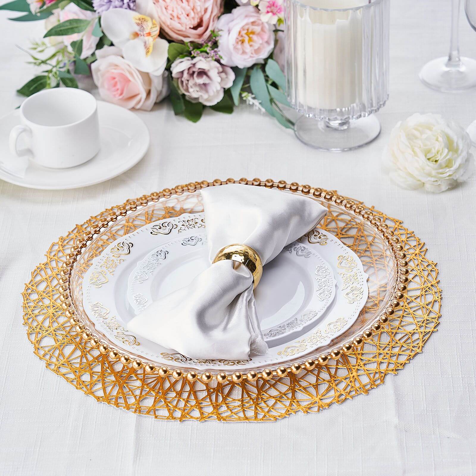 6-Pack Vinyl Placemats Gold Woven Design - Durable Non-Slip Round Table Mats for Dining 15"