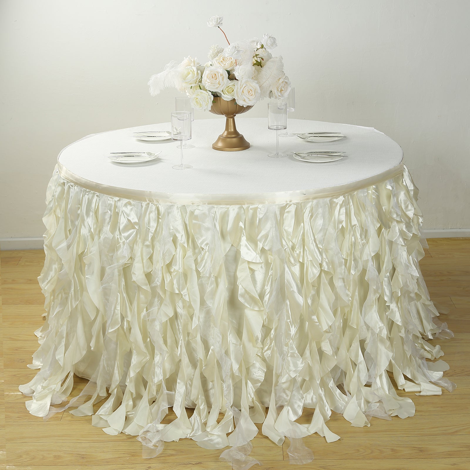 Taffeta 17ft Table Skirt Ivory - Cascading Curly Willow Style Table Cover