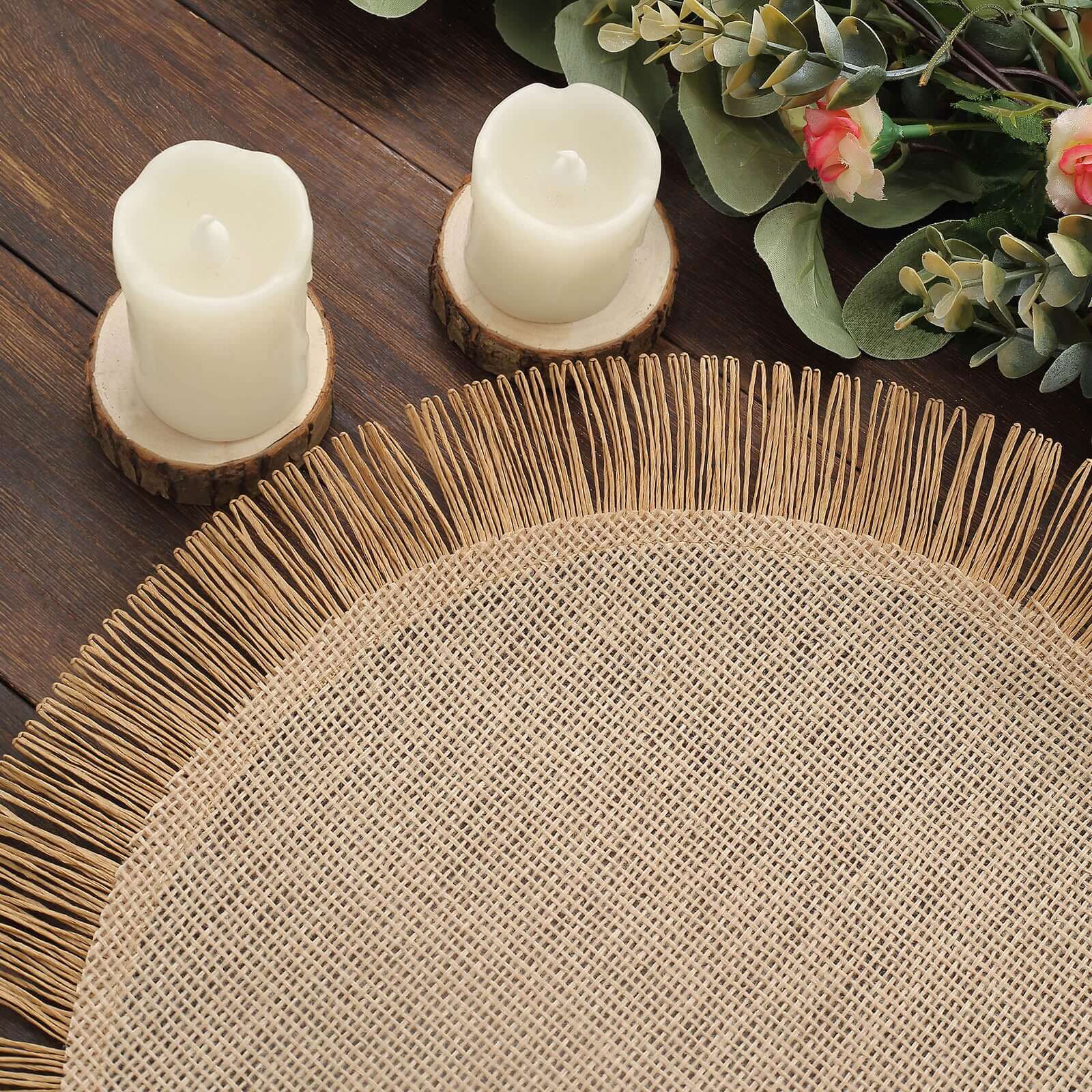 4-Pack Placemats Fringe Edge Design Natural Jute Round - Rustic Boho Chic Burlap Table Decor 16"