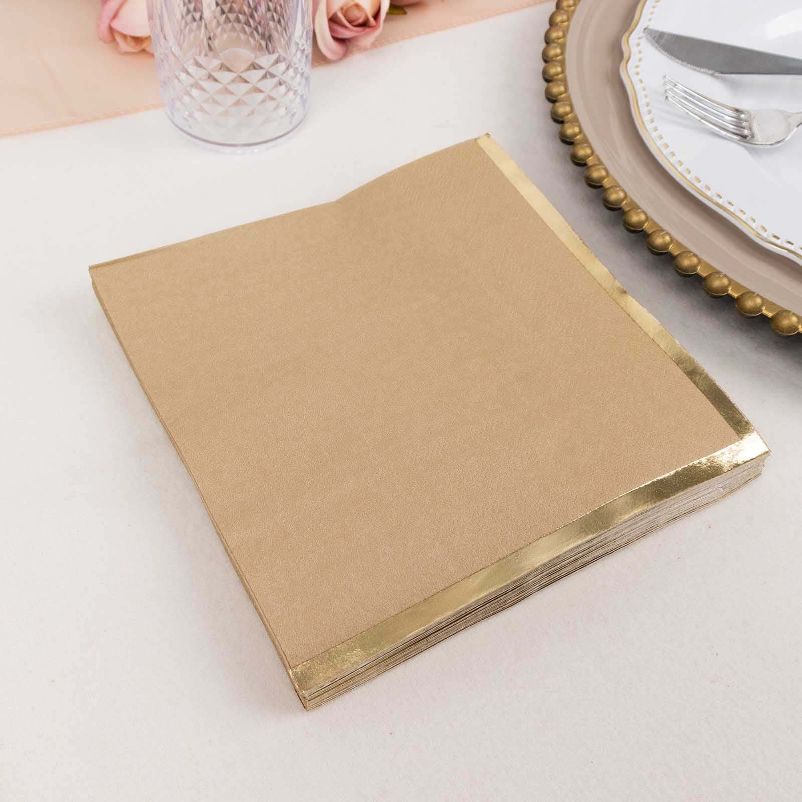 50-Pack Paper Beverage Napkins with Gold Foil Edge Natural - Disposable 2 Ply Cocktail Napkins for Events 6.5"x6.5"