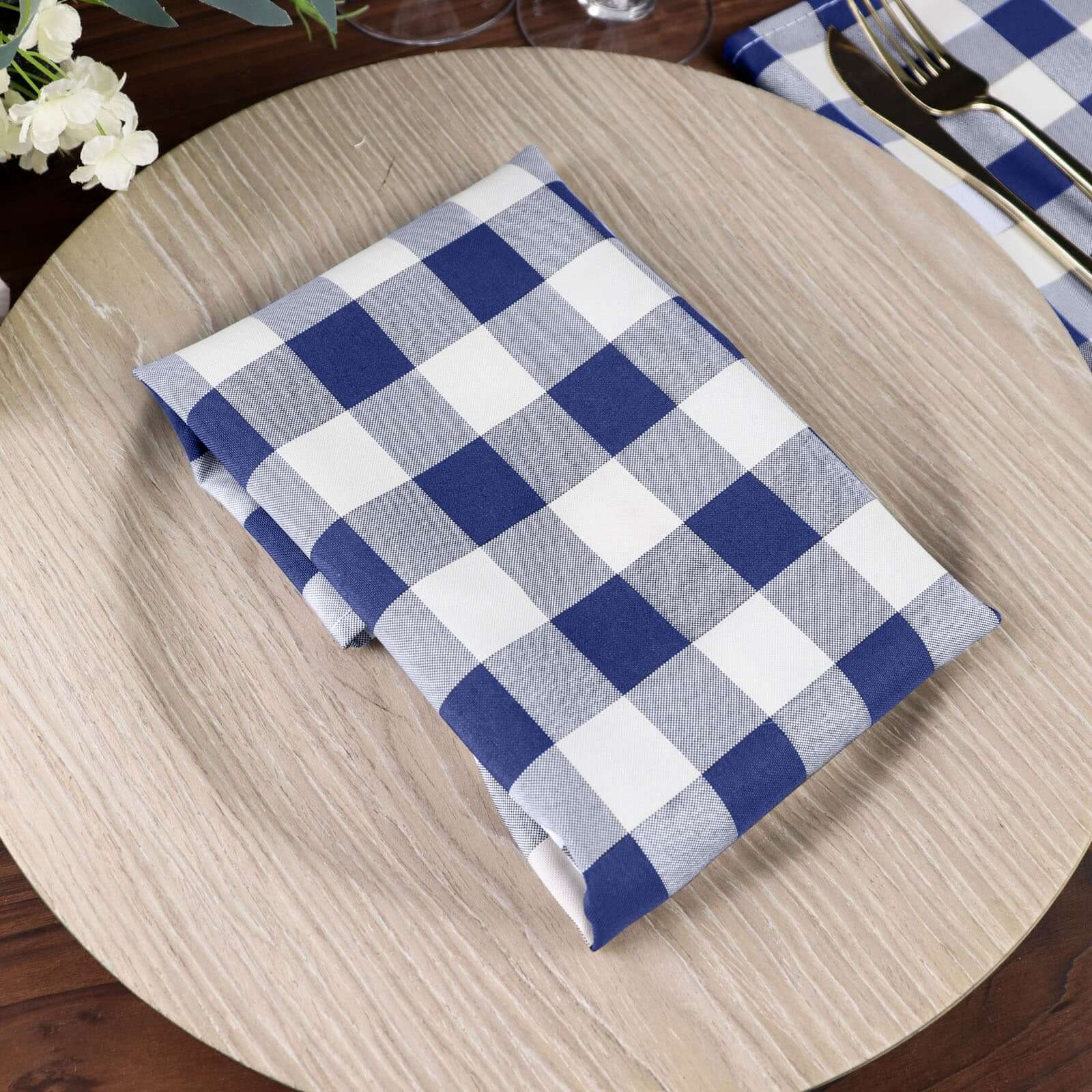 5 Pack Polyester 15"x15" Napkins Navy Blue/White Buffalo Plaid Gingham Style Cloth Napkins