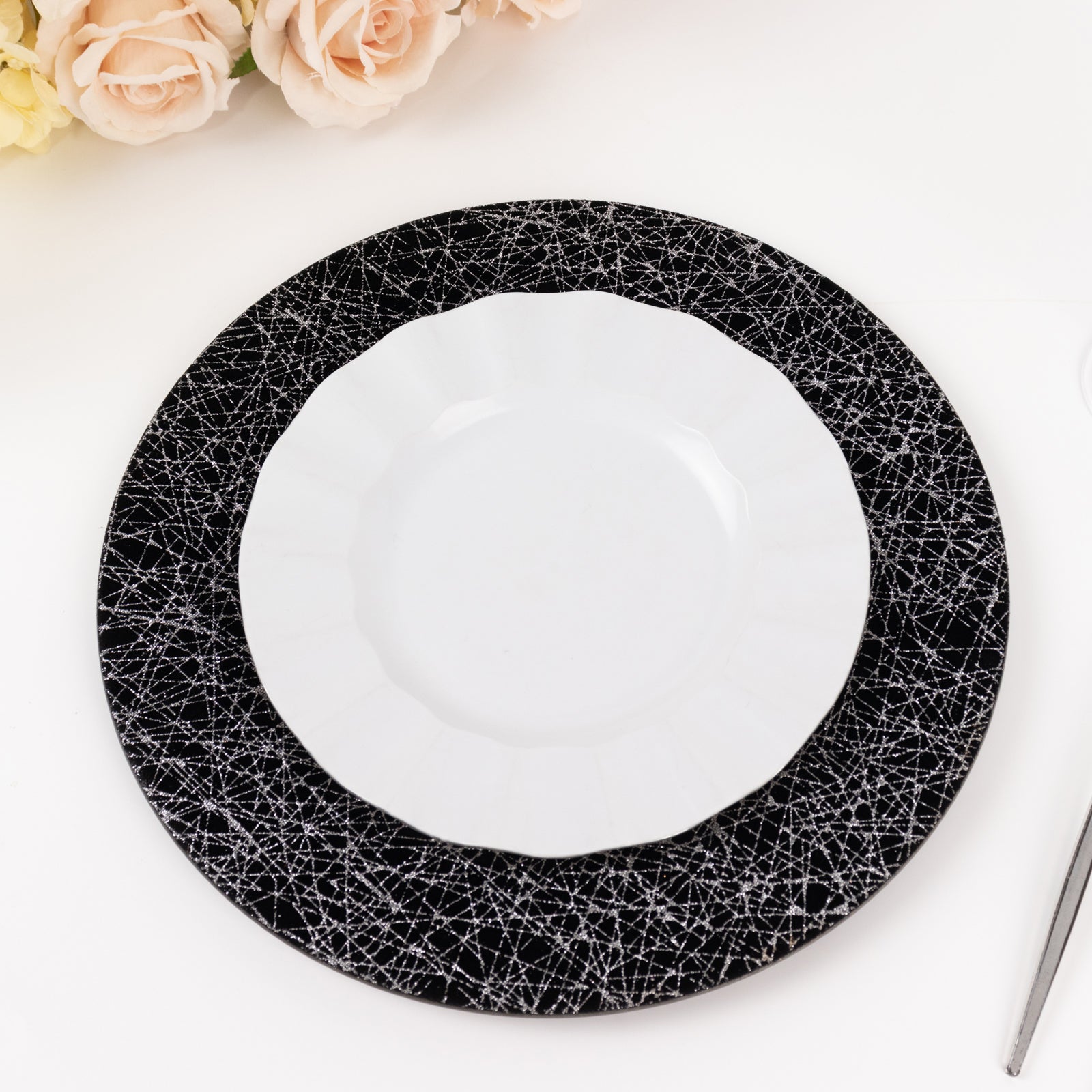 6-Pack Acrylic Round Charger Plates 13" in Black with Silver Glitter Abstract Lines Pattern, Decorative Dinner Party Charger Tableware