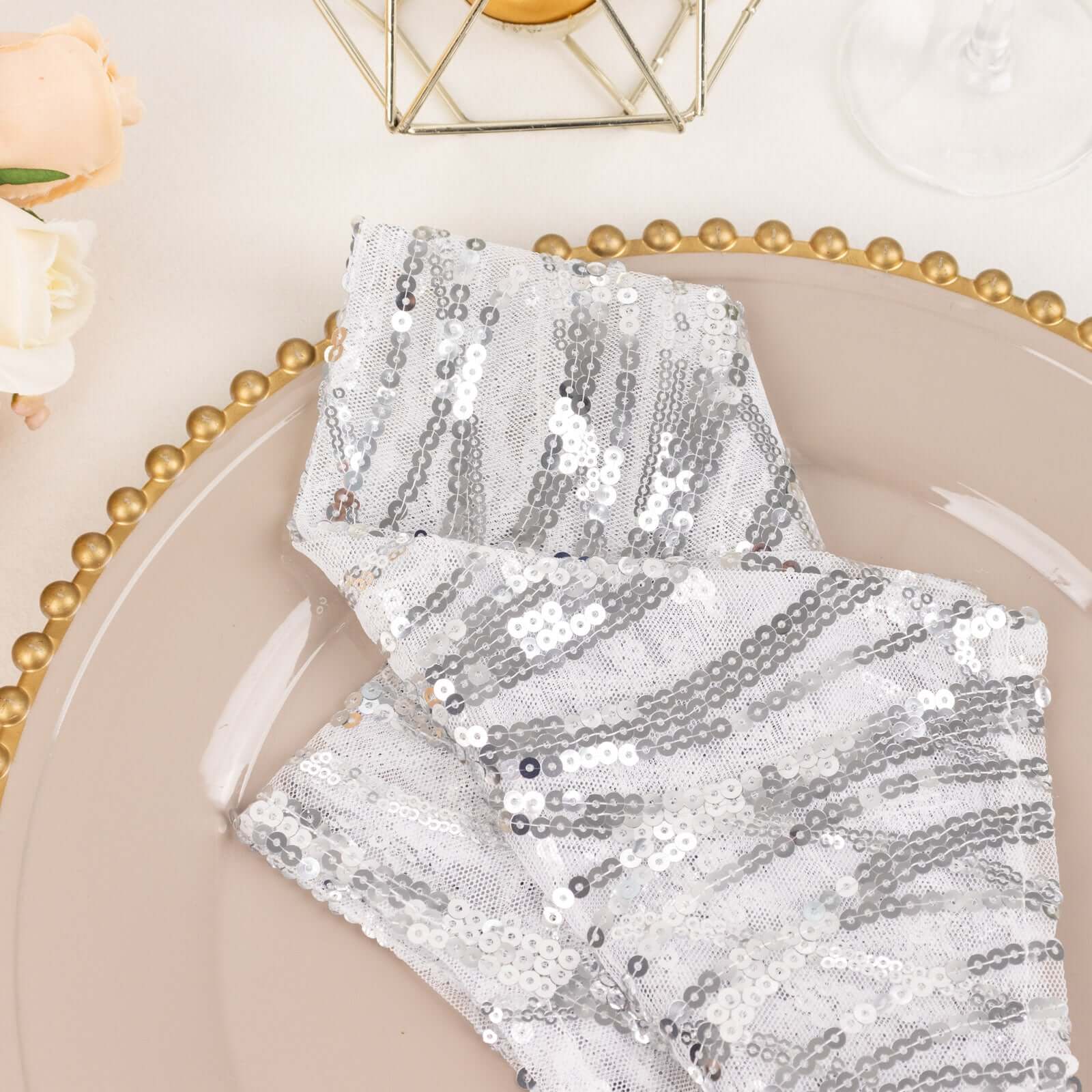 Sequin Mesh 20"x20" Napkin SIlver - Wave Embroidered Reusable Napkin