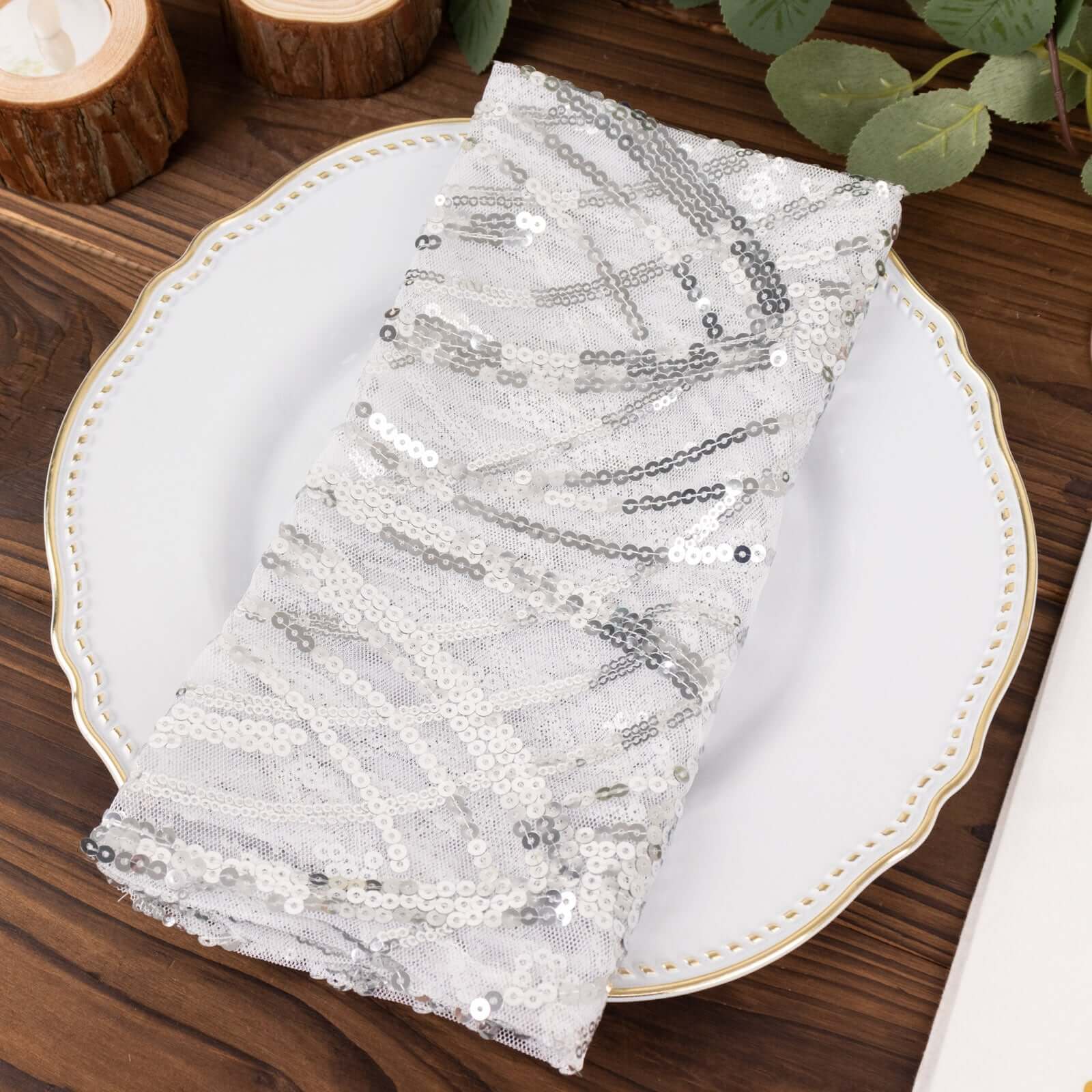 Sequin Mesh 20"x20" Napkin SIlver - Wave Embroidered Reusable Napkin