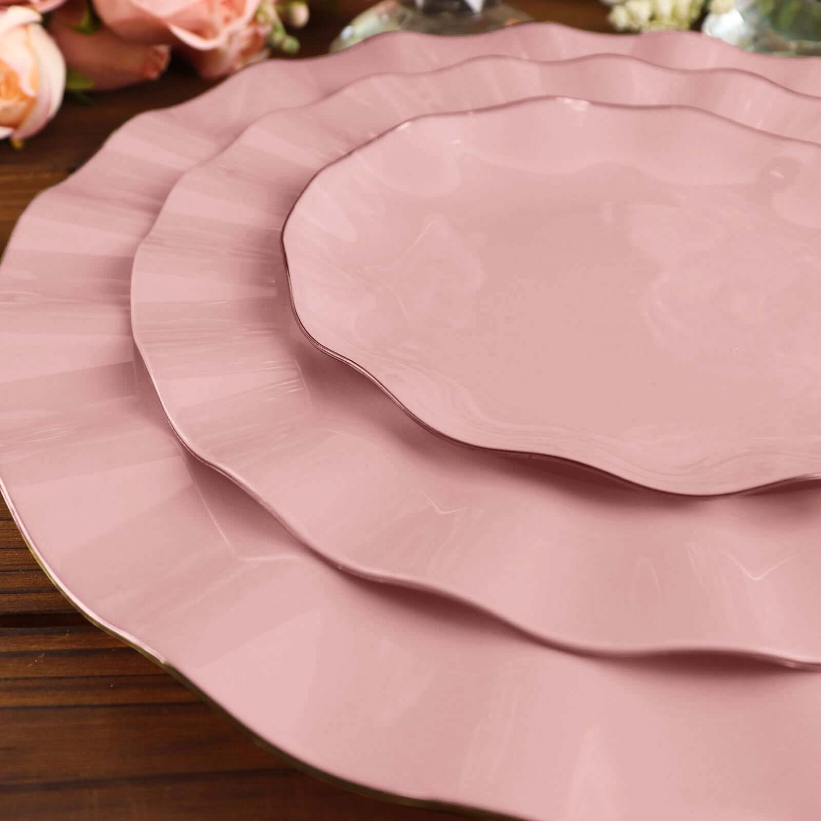 10-Pack Plastic Round 6" Dessert Plates in Dusty Rose Ruffled Rim with Gold Edging - Sturdy Disposable Salad Appetizer Dinnerware