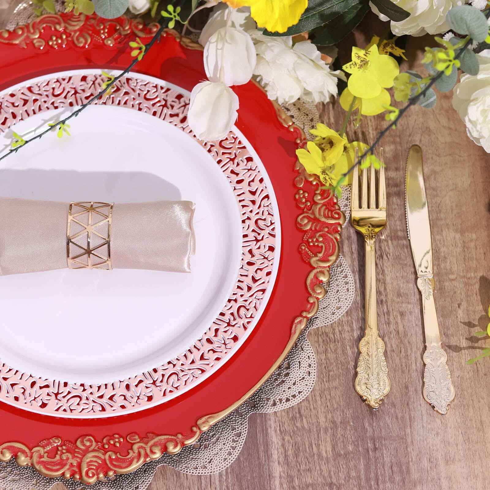 6-Pack Acrylic Round Charger Plates 13" in Red with Gold Embossed Baroque Rim, Antique Decorative Dinner Party Charger Tableware