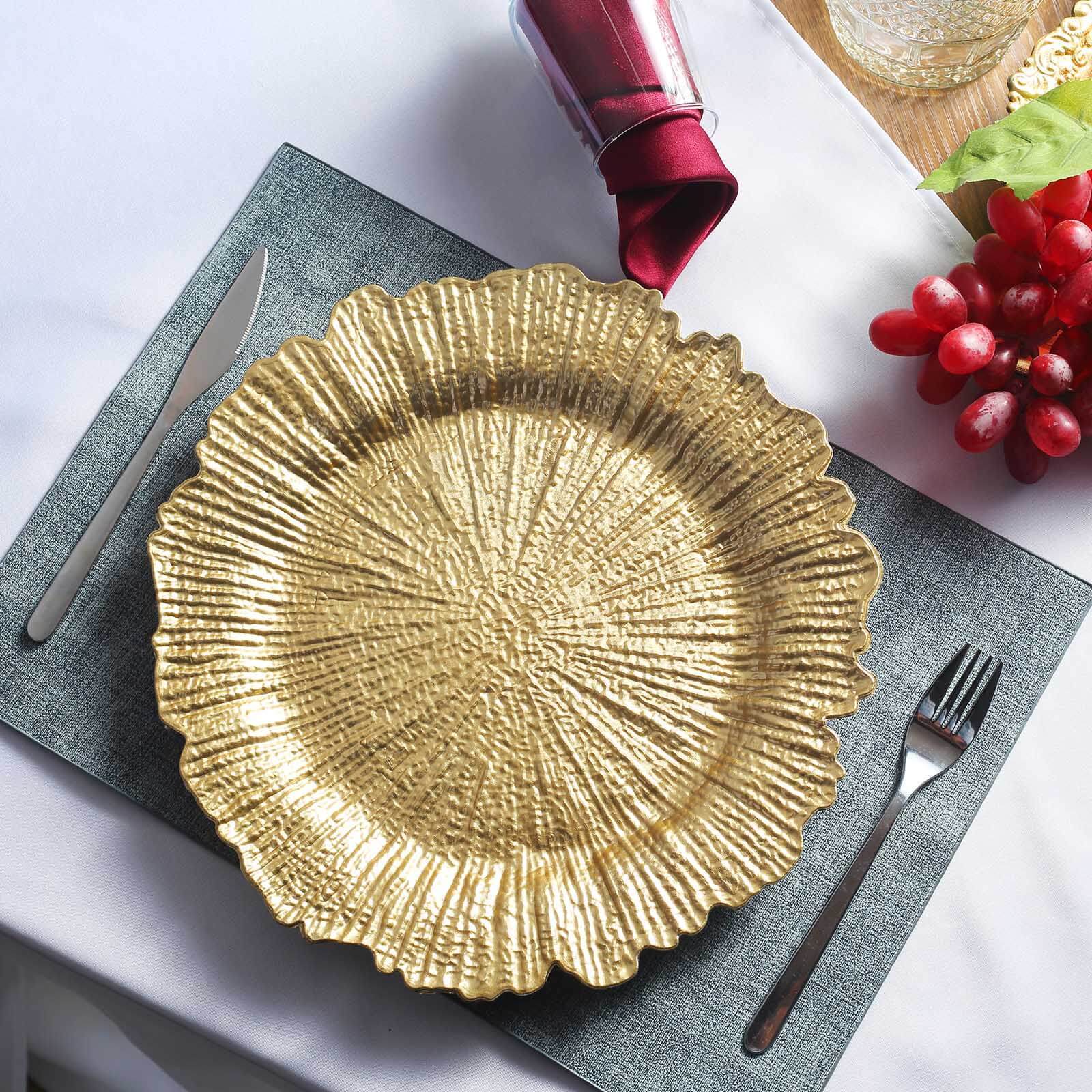 6-Pack Acrylic Plastic Round Charger Plates 13" in Gold with Reef Design, Classy Dinner Party Charger Tableware