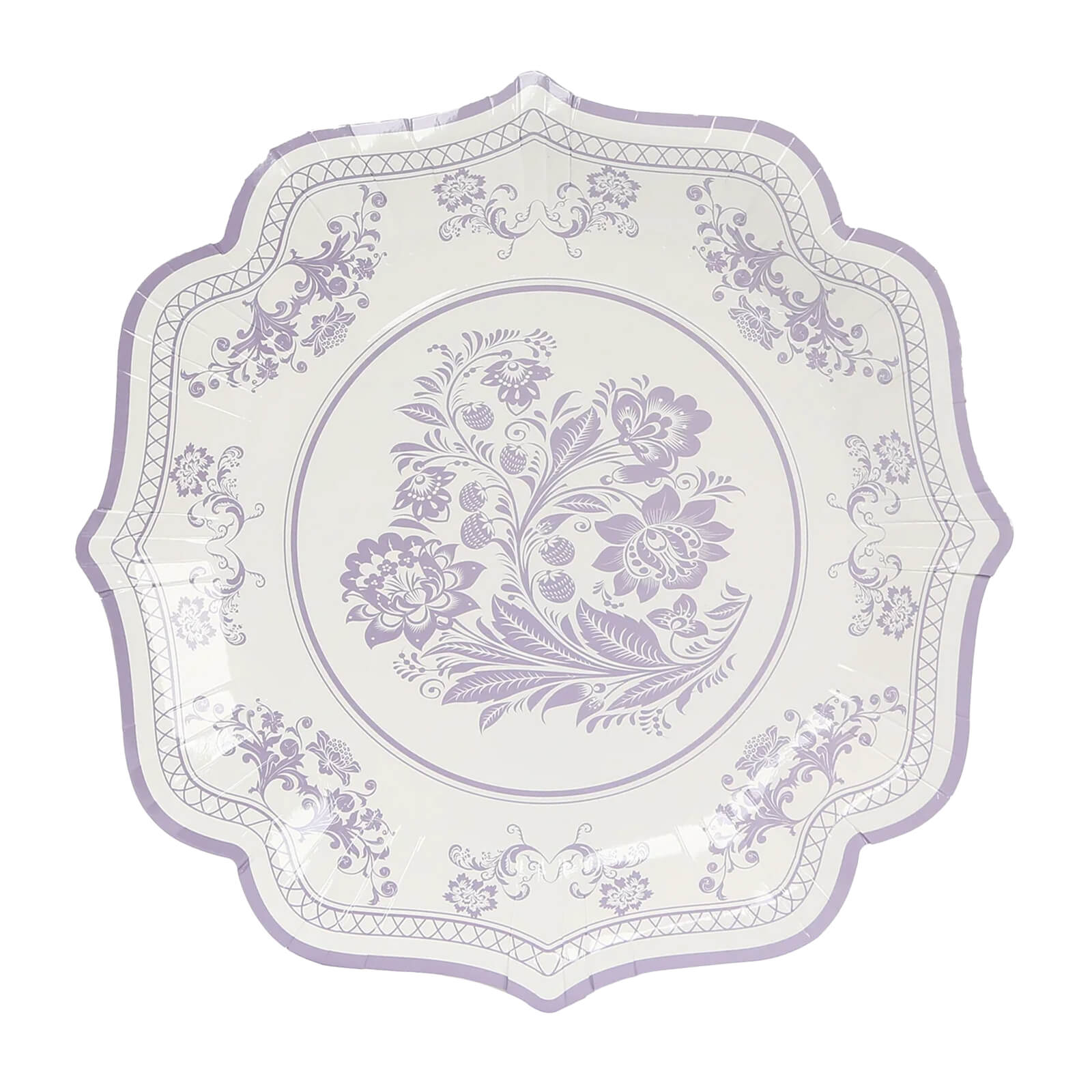 25-Pack Paper Dinner Plates in White Lavender Lilac Damask Floral Print & Scallop Rim - Stylish Disposable 300GSM Floral Party Plates 10"