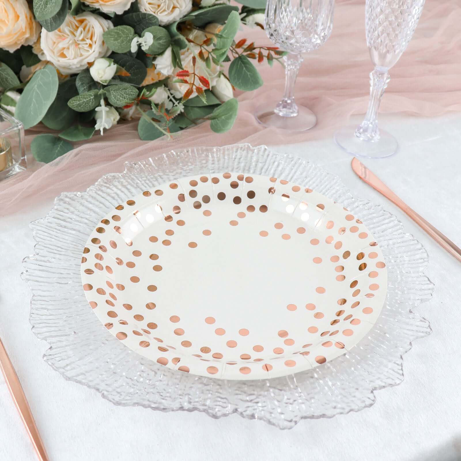 25-Pack Paper Round Dinner Plates 9" White with Metallic Rose Gold Polka Dots - Disposable 300GSM Party Plates for Banquets & Celebrations