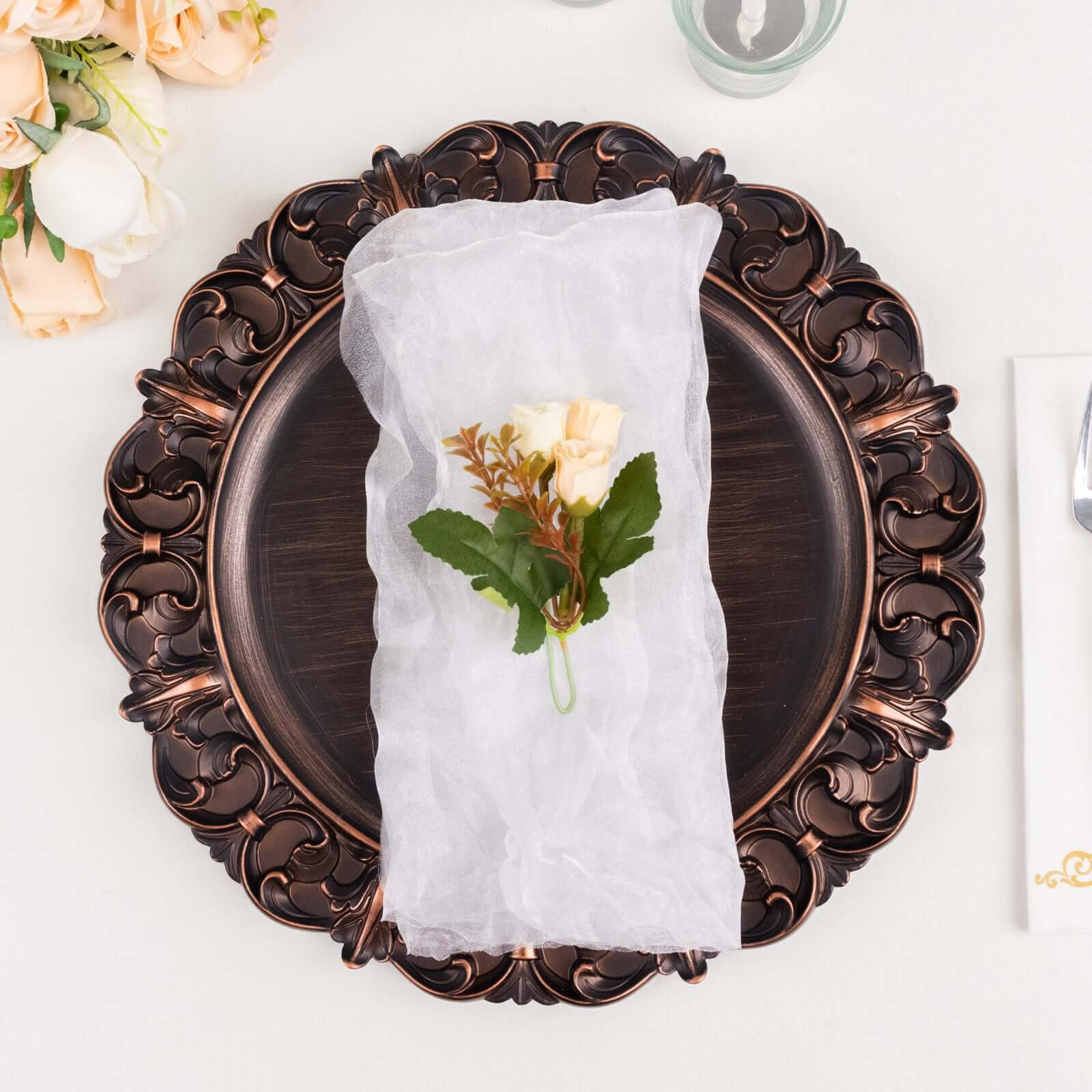 5 Pack Crinkled Organza 21"x21" Napkins White - Classy Rustic Style Dinner & Party Napkins