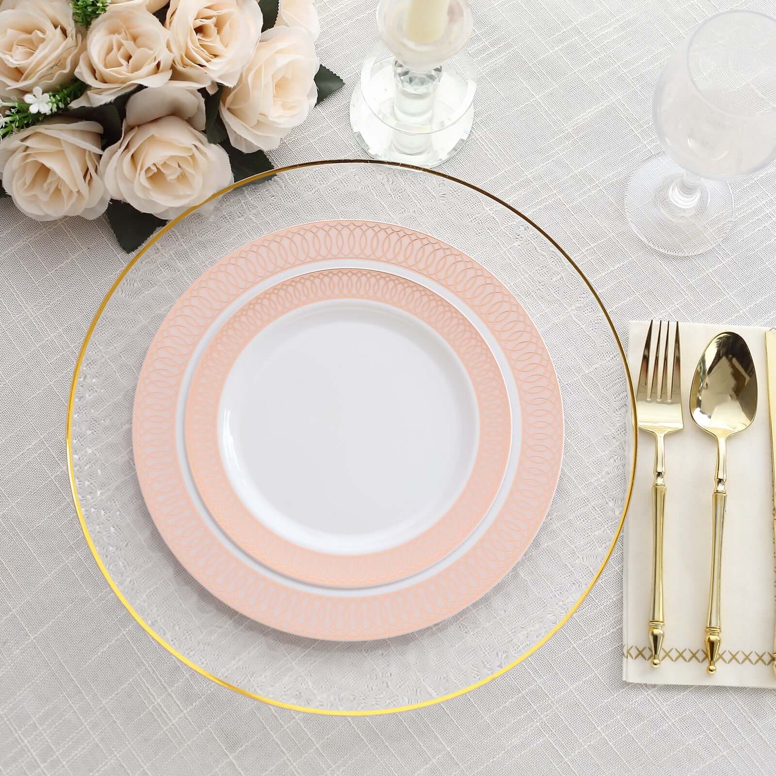 10-Pack Plastic Round Dinner Plates 10" White with Blush Rose Gold Spiral Rim - Chic Disposable Party Plates