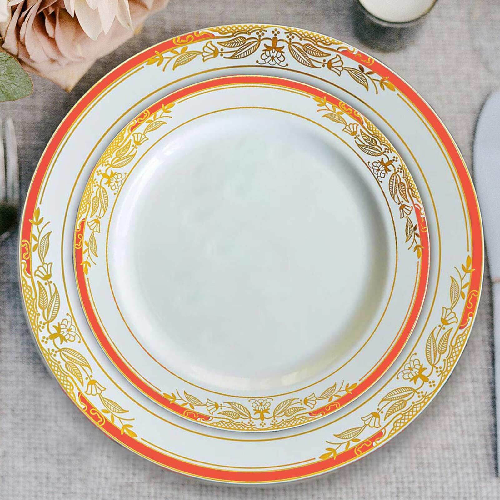 10-Pack Plastic 8" Round Dessert Plates in White with Red Rim - Stylish Gold Vine Design Disposable Salad/Appetizer Plates for Special Occasions & Celebrations