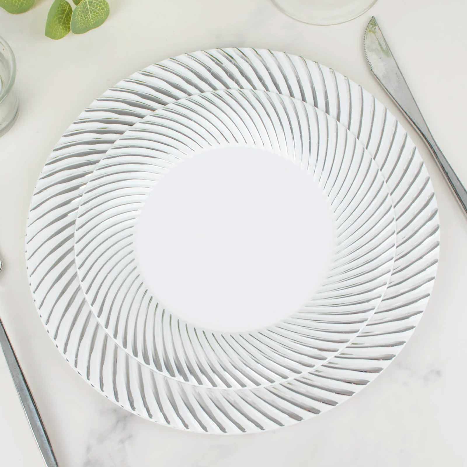 10-Pack Plastic 7" Round Dessert Plates in White with Silver Swirl Rim - Disposable Salad Plates