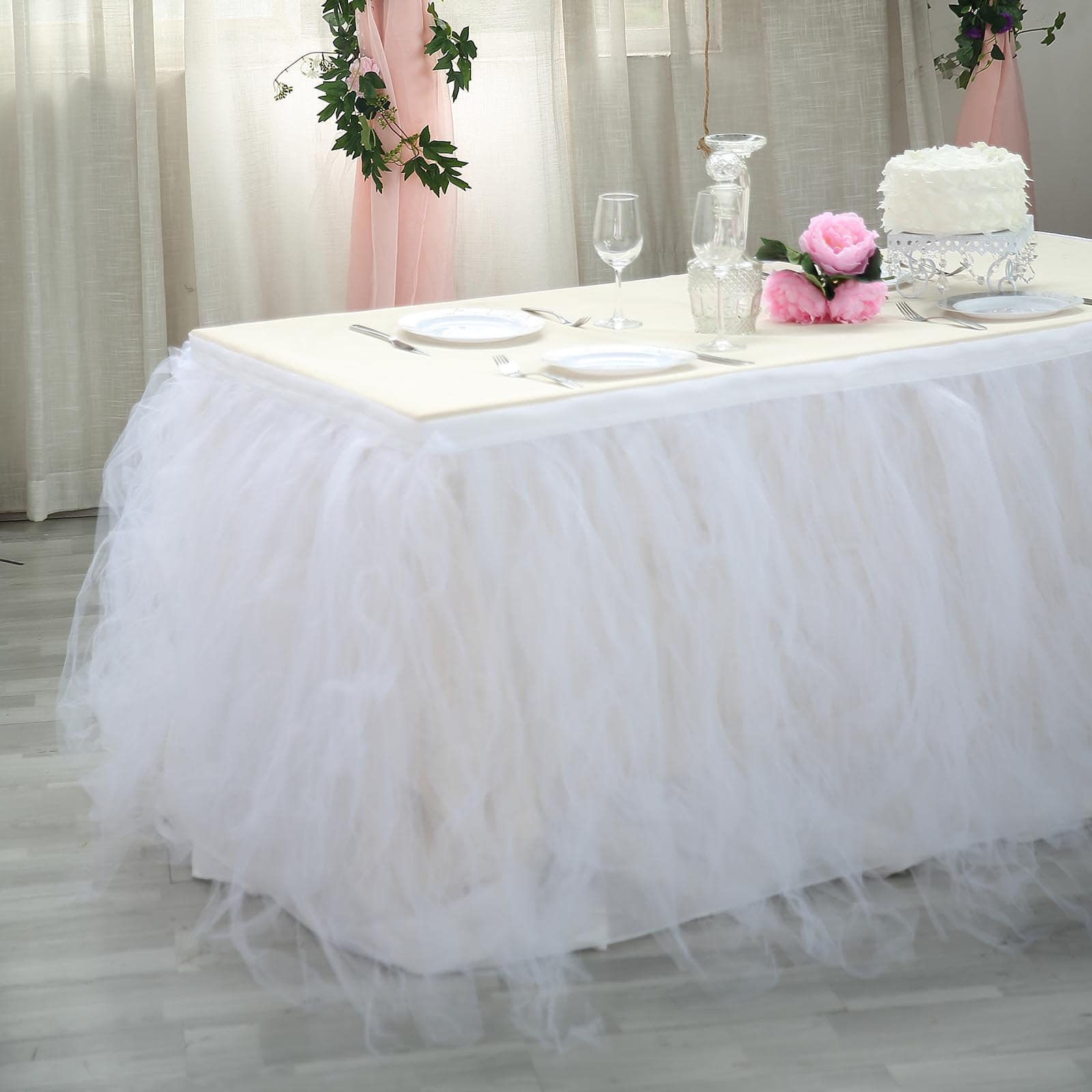Tulle 21ft Table Skirt White - 4 Layer Pleated Tutu Chic & Soft Event Table Cover