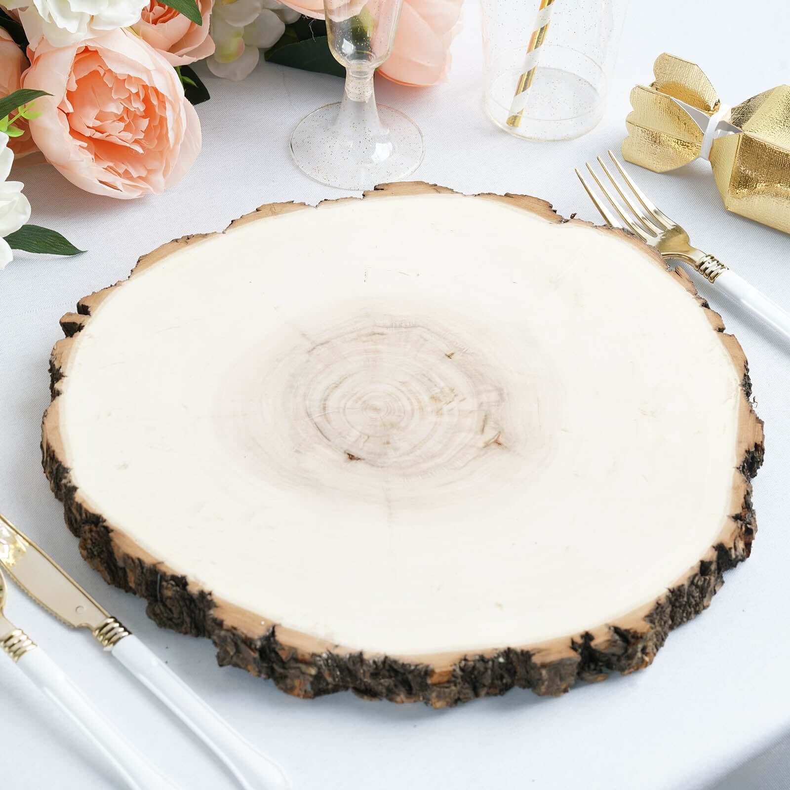 12" Dia Natural Wood Charger Plates With Bark Edge Wood Slice Chargers Rustic Wedding Table Settings