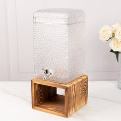 Gallon Clear Hammered Glass Beverage Dispenser, Rectangular Juice Jar with Wooden Stand and Lid - Lead-Free Countertop Feature 19"