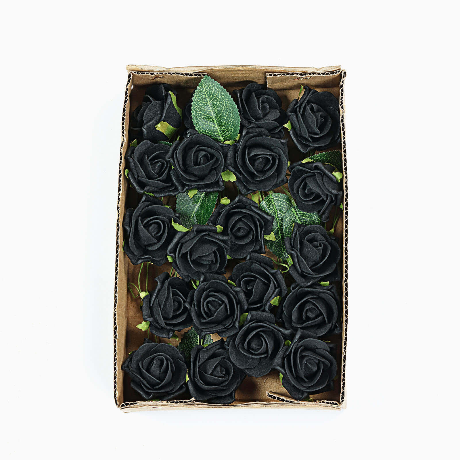 24 Roses 2" Black Artificial Foam Flowers With Stem Wire and Leaves