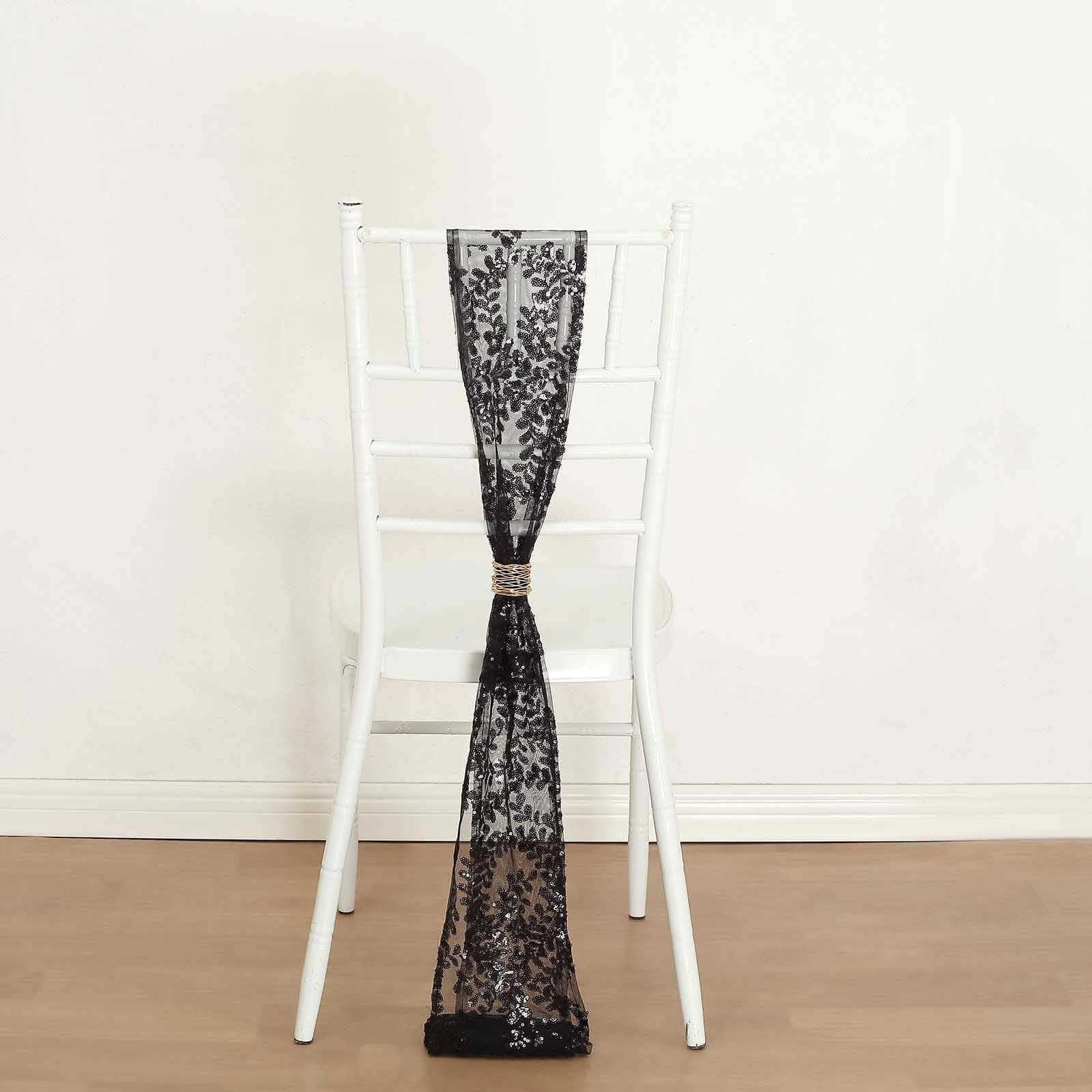5 Pack Tulle Chair Sashes with Leaf Vine Embroidered Sequins Black 6"x88"