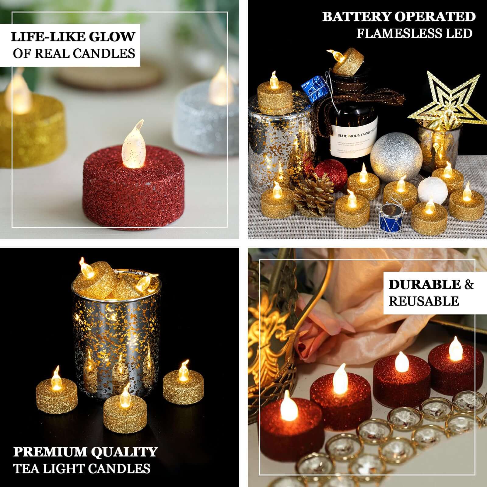 12-Pack LED Tealight Candles Glitter Silver Design - Flameless Battery Operated Tea Lights