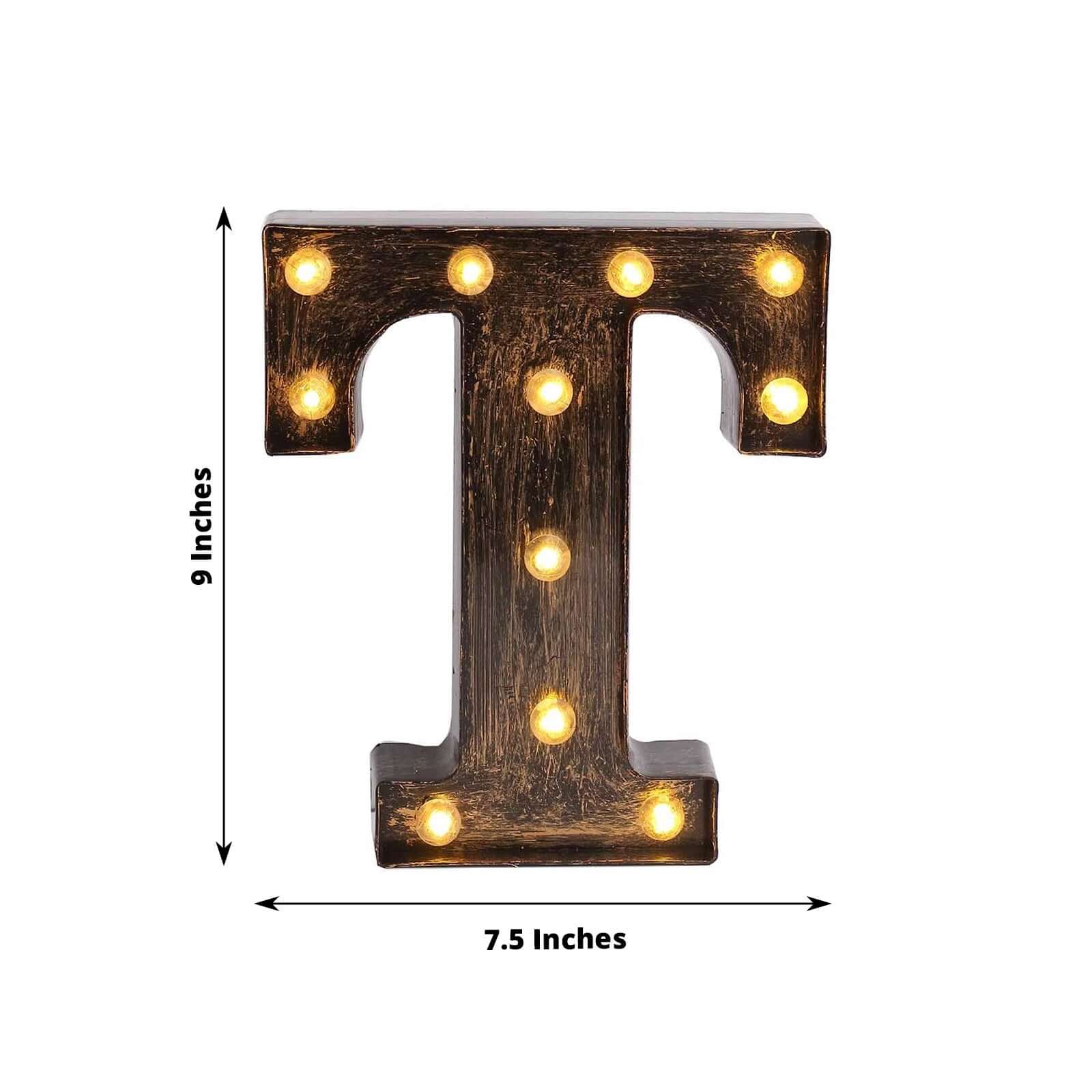 LED Marquee Letter "T" Industrial Style Antique Black - Light-Up Alphabet Sign for Weddings & Displays 9"