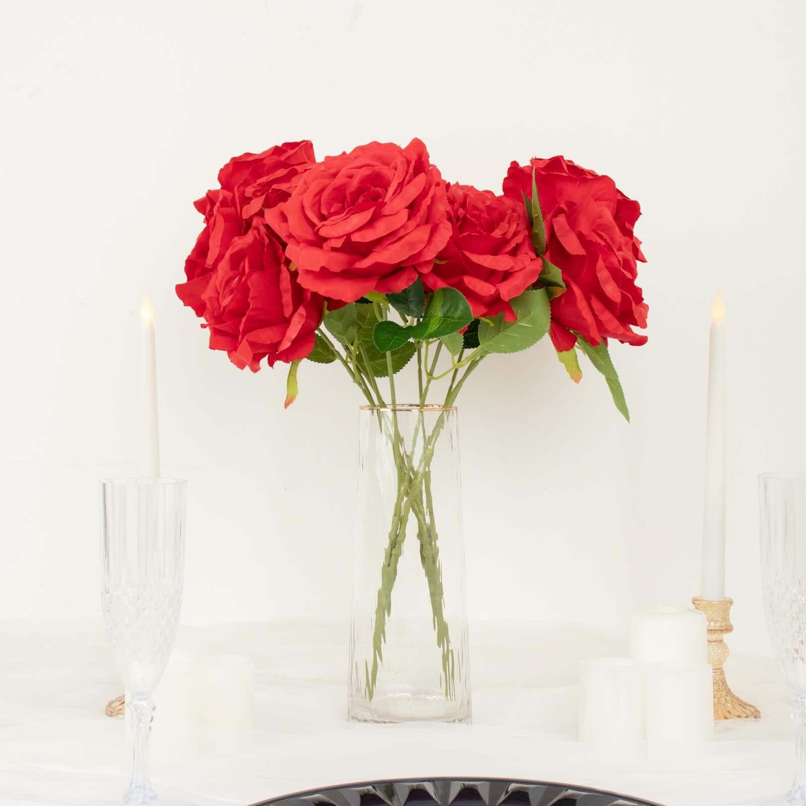 2 Bushes 17" Red Premium Silk Jumbo Rose Flower Bouquet, High Quality Artificial Wedding Floral Arrangements