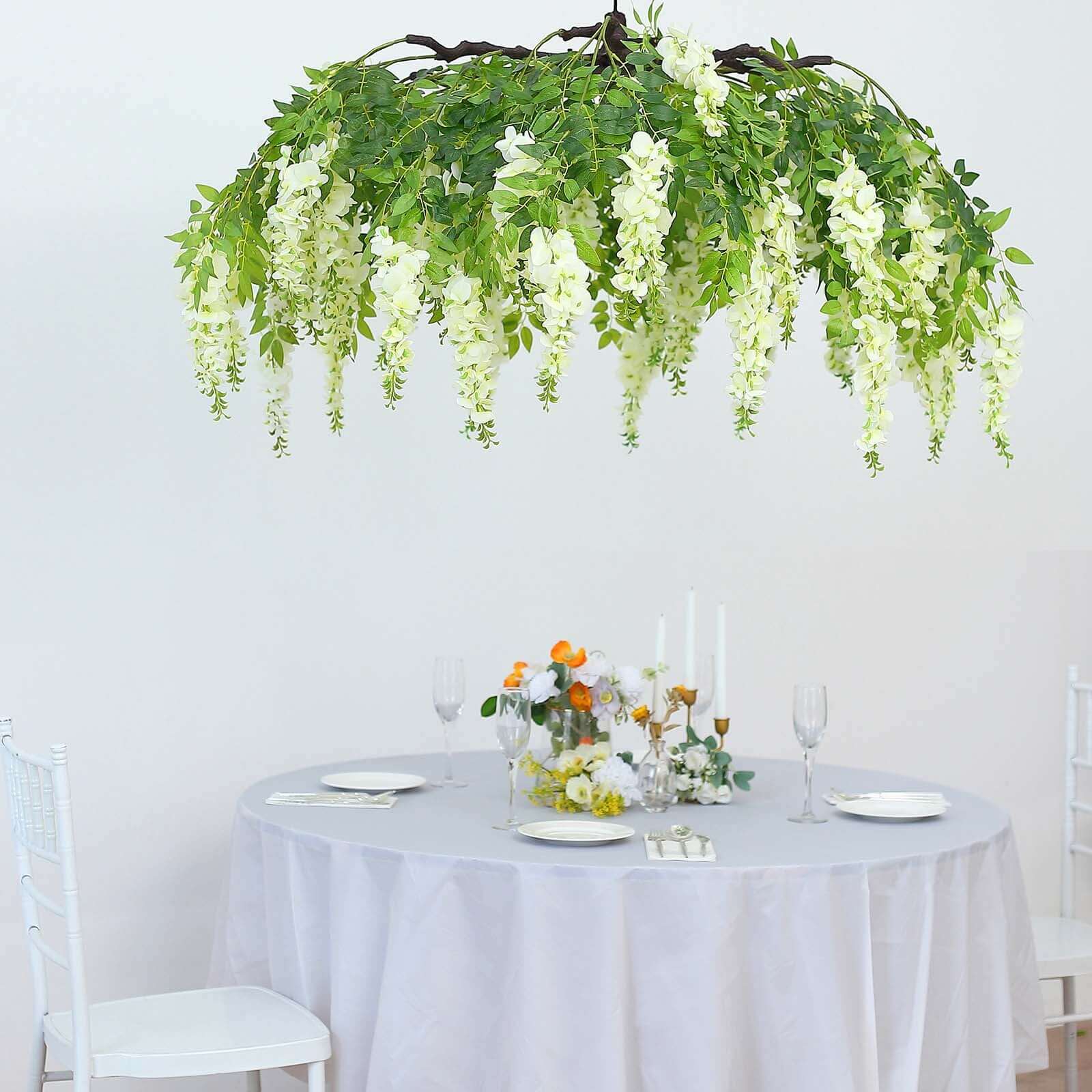 55" Cream Artificial Silk Hanging Wisteria Vine Flower Chandelier, Round Draping Garland Canopy With Interchangeable Branches