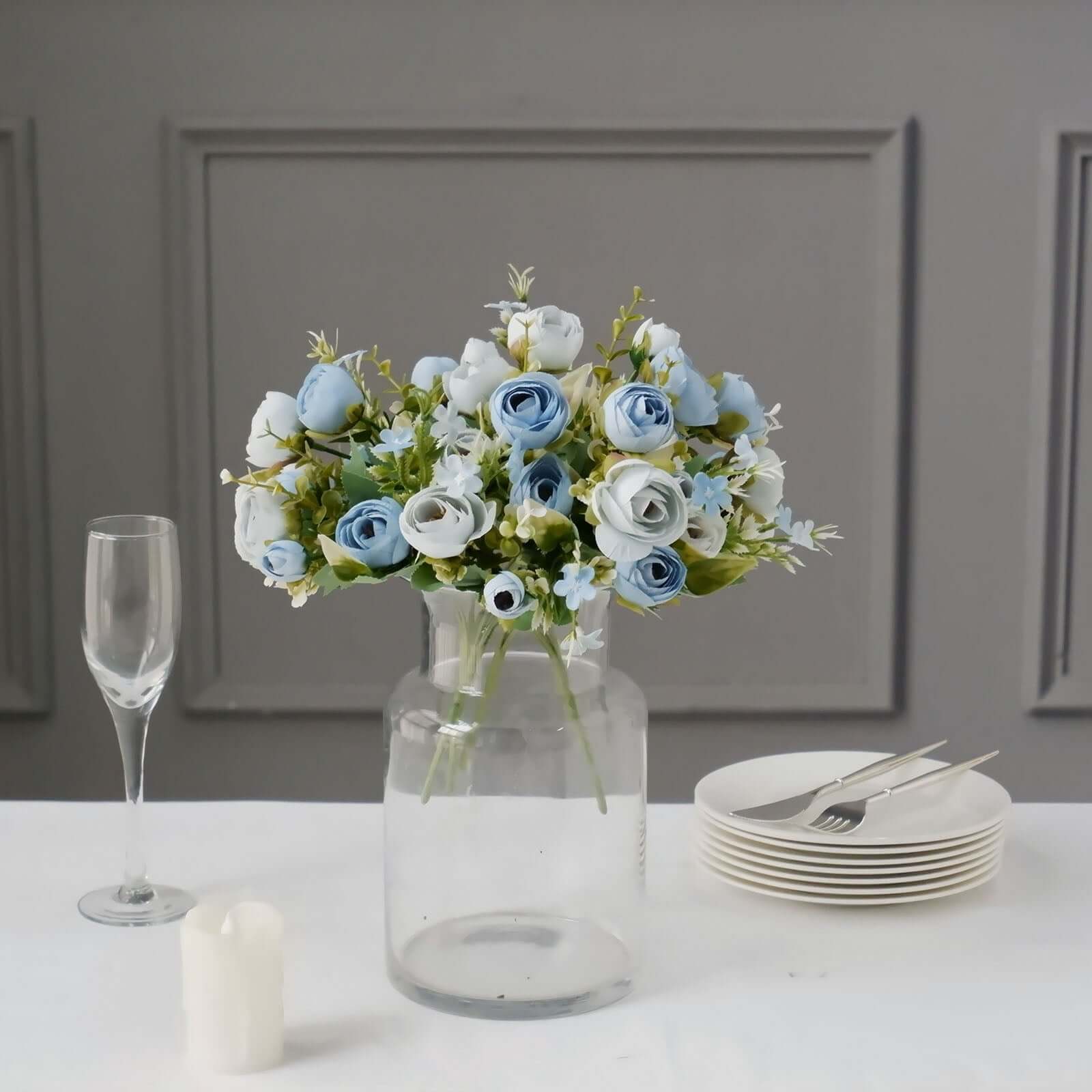 4 Pack 12" Artificial Dusty Blue Ranunculus Silk Flower Bridal Bouquets, Faux Buttercup Floral Arrangement