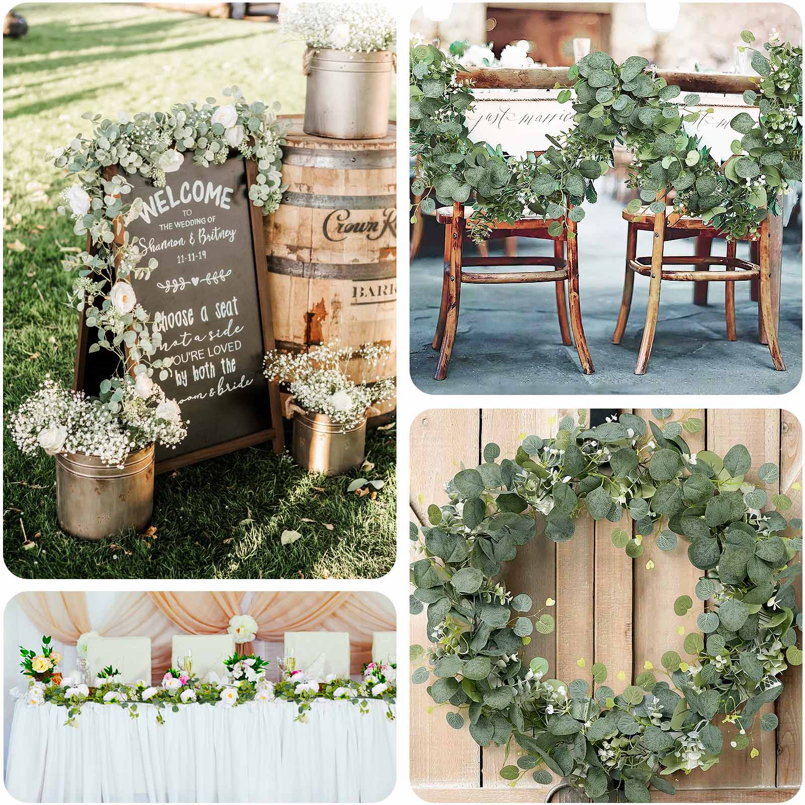 5.5ft Artificial Eucalyptus Leaf Hanging Vines With 7 White Rose Flower Heads, Floral Greenery Table Garland