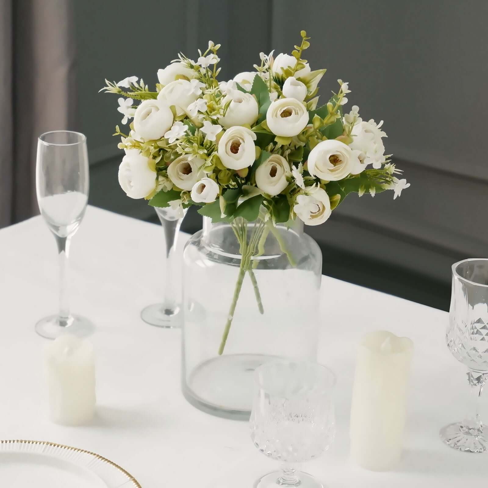 4 Pack 12" Artificial Ivory Ranunculus Silk Flower Bridal Bouquets, Faux Buttercup Floral Arrangement