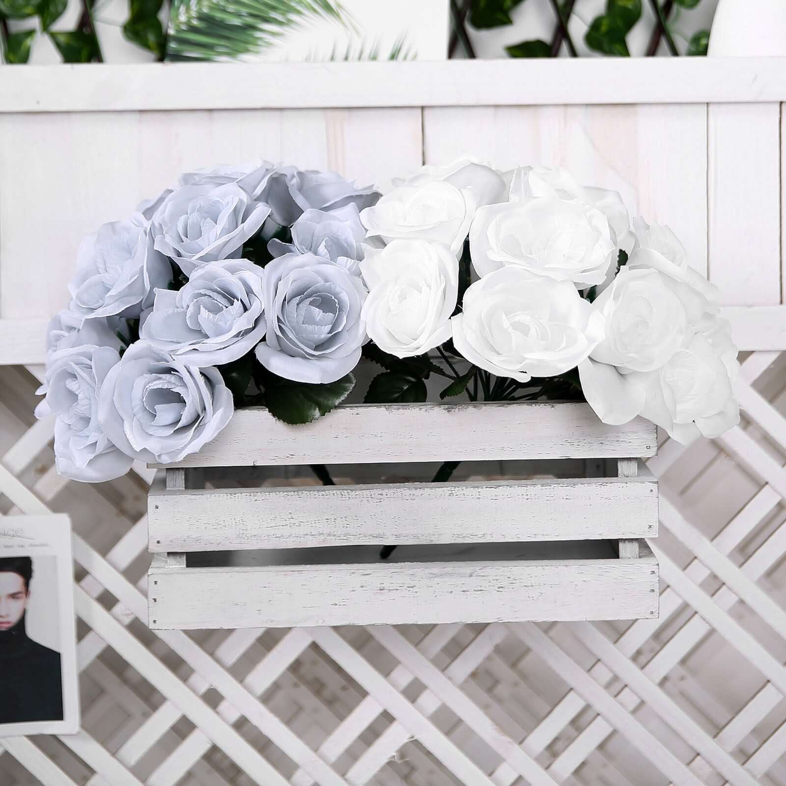 12" White Artificial Velvet-Like Fabric Rose Flower Bouquet Bush