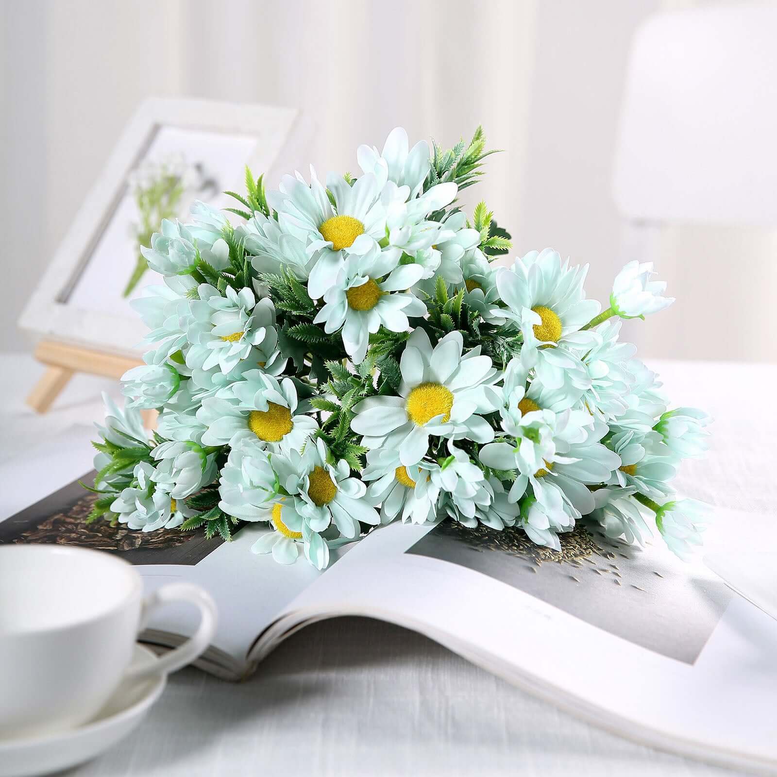4 Bushes 11" Light Blue Artificial Silk Daisy Flower Bouquet Branches