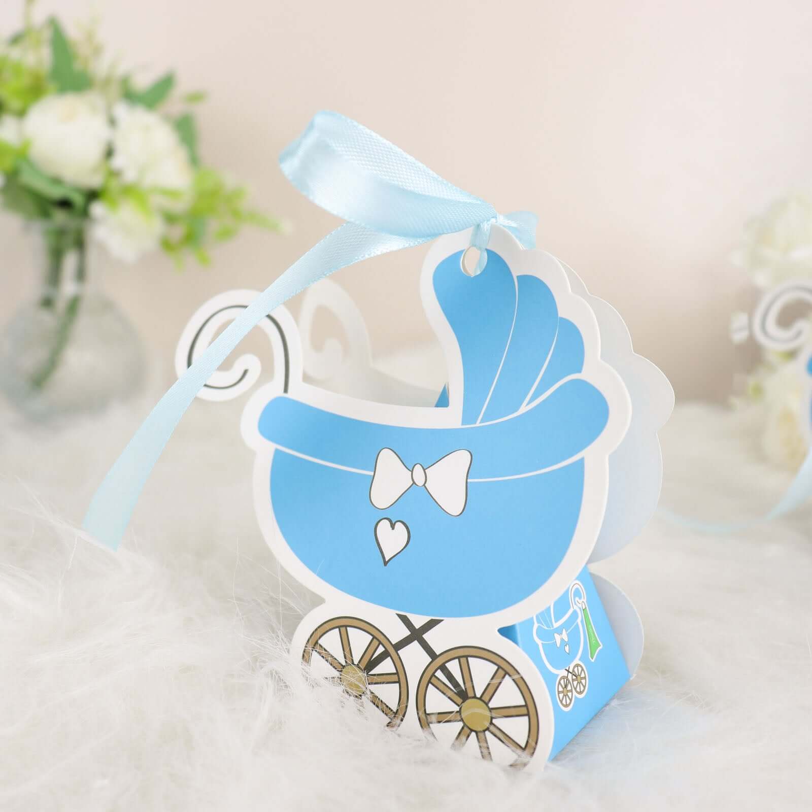 25 Pack Light Blue Baby Paper Stroller Party Favor Gift Boxes, Cardstock Carriage Candy Boxes with Ribbon Ties - 4.5"x2"x4"