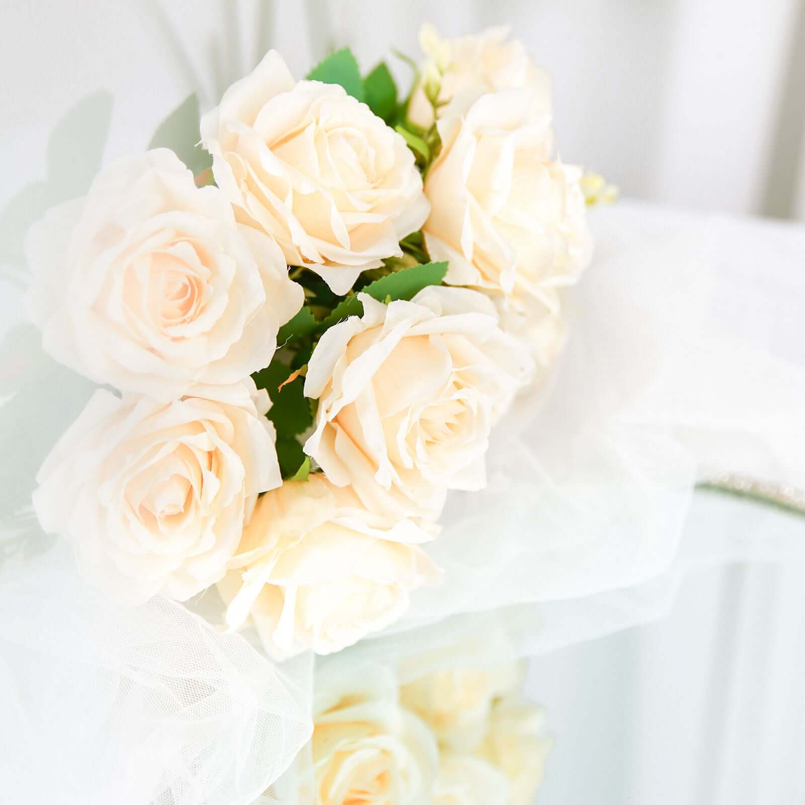 2 Bushes 18" Real Touch Cream Artificial Rose Flower Bouquet, Silk Long Stem Flower Arrangements