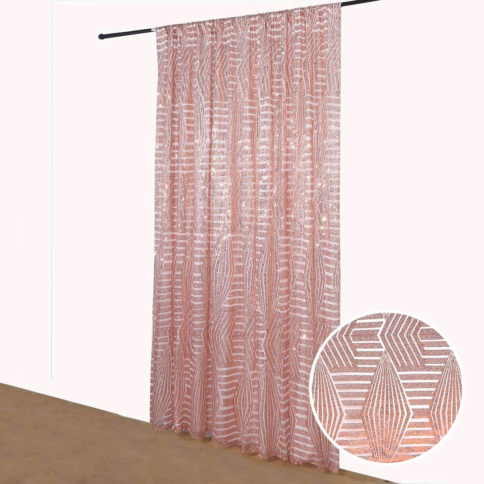 8ftx8ft Rose Gold Geometric Sequin Event Curtain Drapes with Satin Backing, Seamless Opaque Sparkly Backdrop Event Panel in Diamond Glitz Pattern