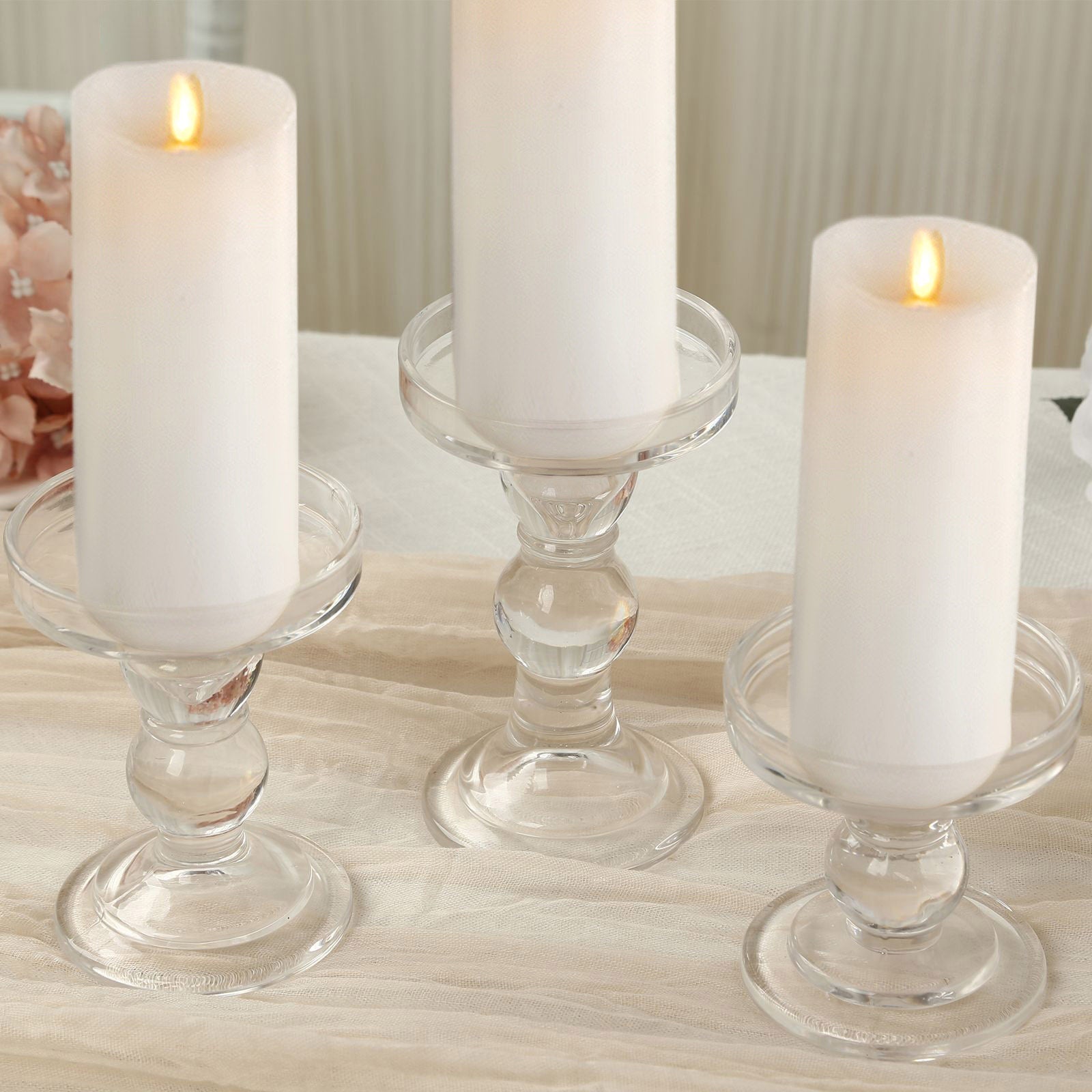 Set of 3 Glass Pillar Candle Holders Clear with Round Tray - Crystal Ball Stem Taper Candlestick Tea Light Stands 3.5", 4.5", 5.5"