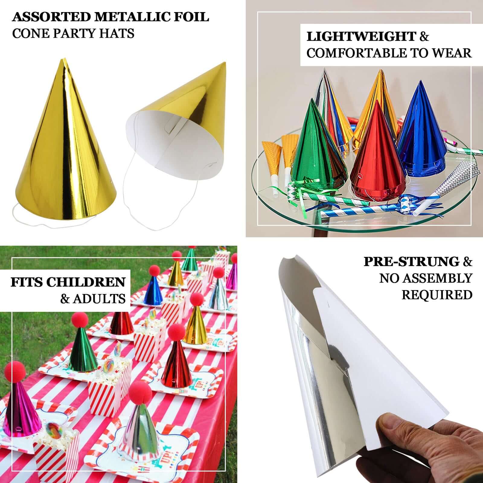 25 Pack Mixed Metallic Foil Cone Party Hats, Pre-Strung Paper Birthday Hats - 5"x7"